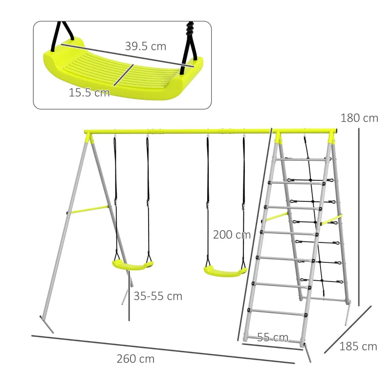 Outsunny Four-In-One Metal Garden Swing Set, with Two Swings, Climber, Climbing Net - Green