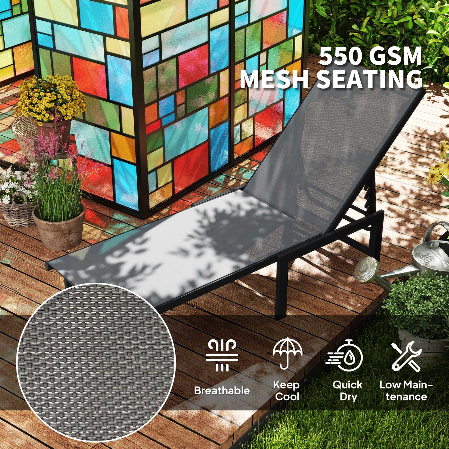 Outsunny Sun Loungers Set of 2, 5-Level Adjustable Reclining Chairs, Flat Sunbed Texteline Seat, Steel Frame for Patio/Beach, Grey