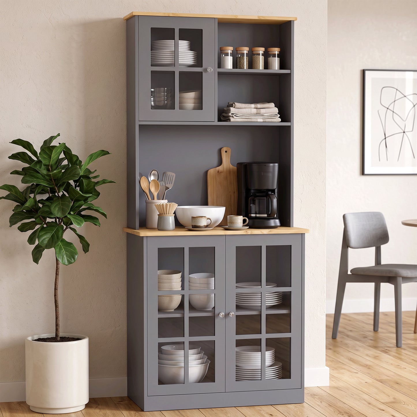 HOMCOM Kitchen Pantry, Buffet Hutch with 3 Storage Cabinets, 2 Open Shelves and Large Countertop for Kitchen, Grey