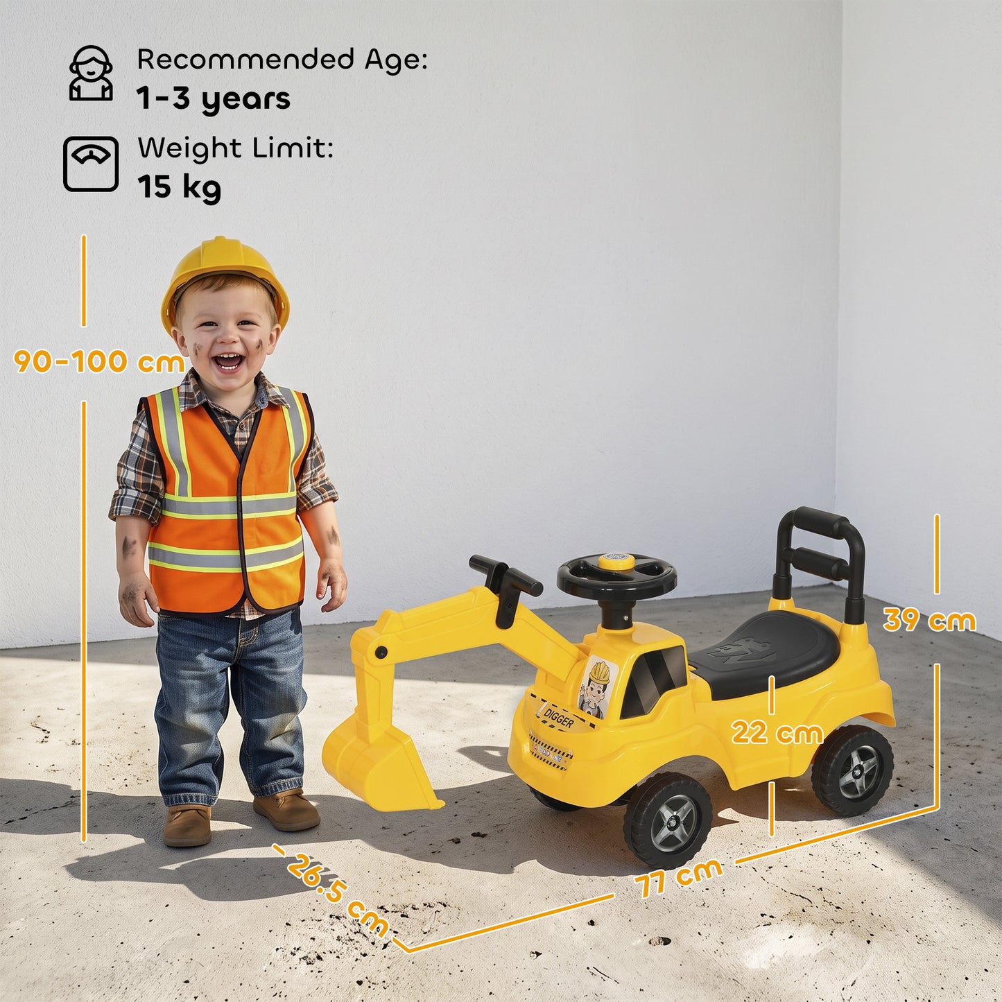 AIYAPLAY Ride On Tractor Digger, Toddler Excavator Toy Car with Adjustable Bucket, Horn, Under Seat Storage for Ages 1-3 Y Yellow
