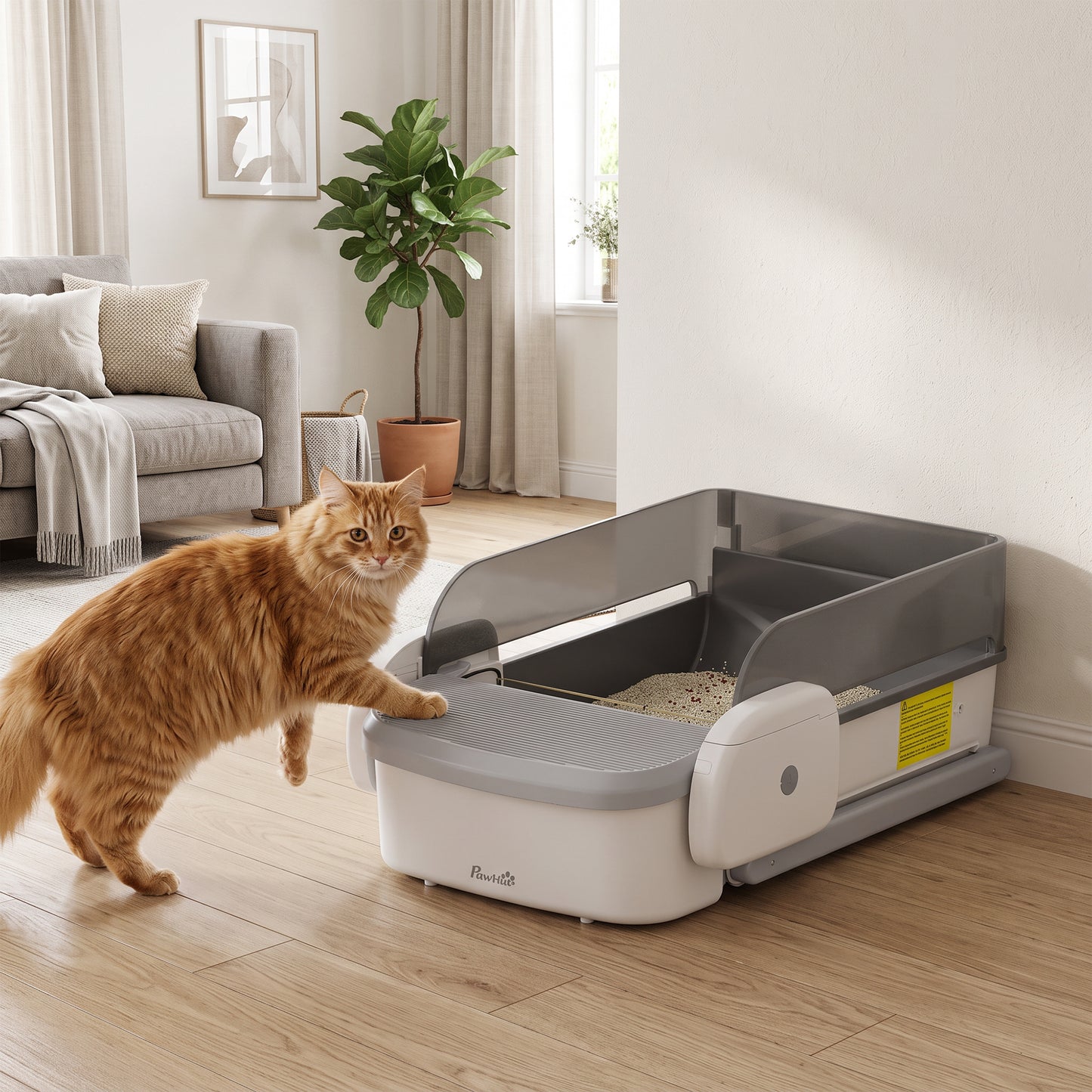 PawHut Self Cleaning Cat Litter Tray, Open-Top Automatic Litter Box with APP Control, Clumping Rake, 10L Waste Bin