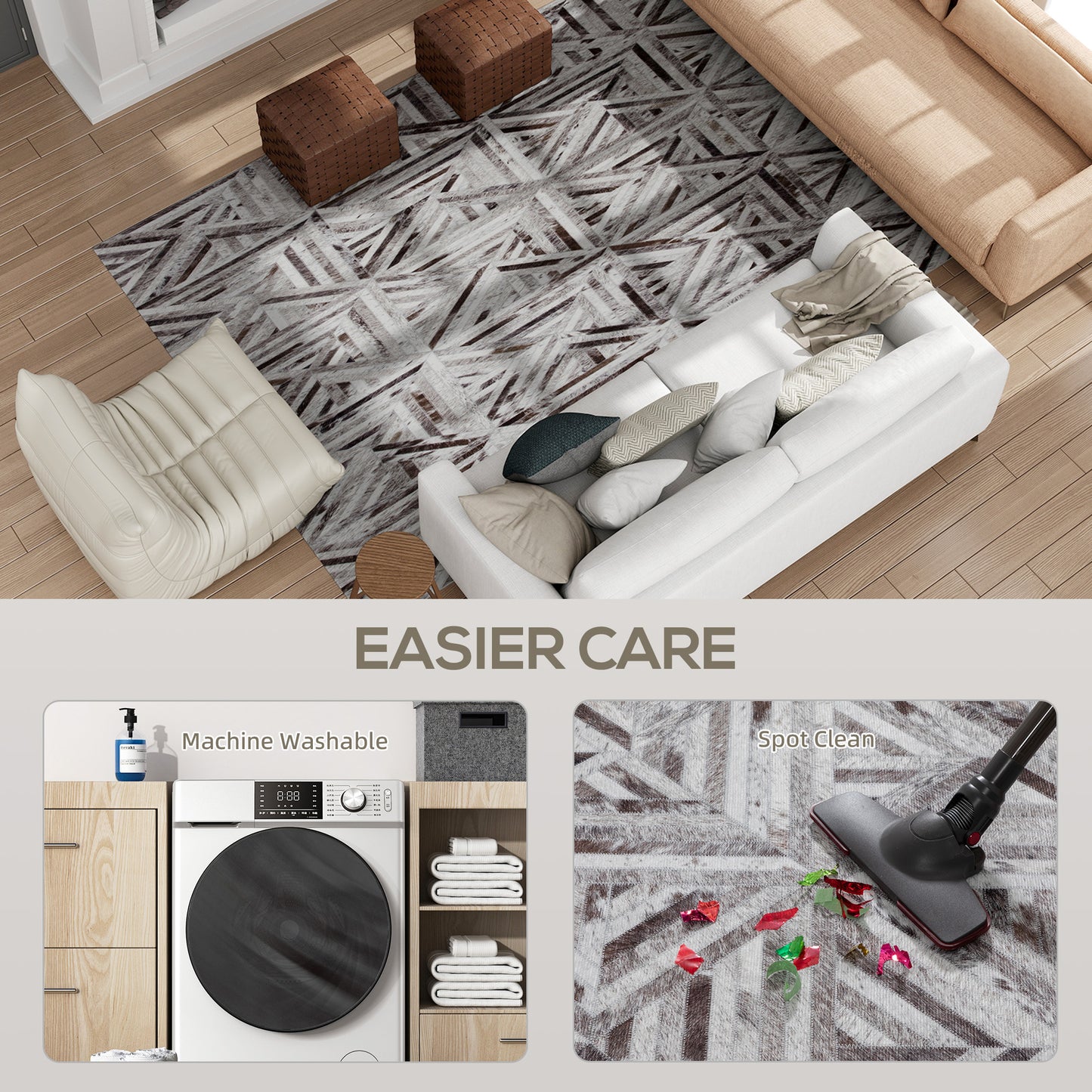 HOMCOM Modern Chenille Area Rug, Triangle Pattern, Non-Slip, Washable, 290 x 200 cm for Living Room/Bedroom/Office, Brown