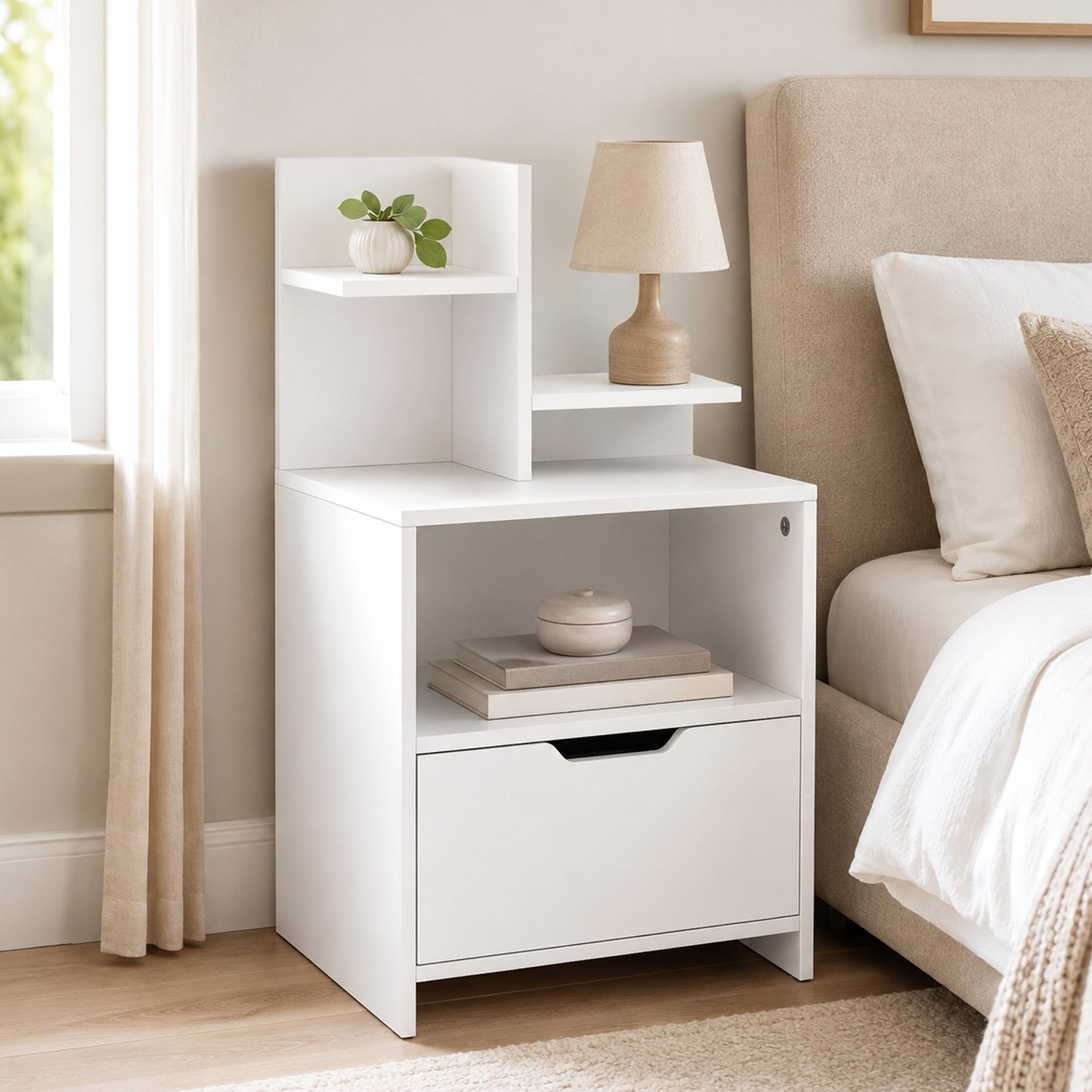 HOMCOM Modern Bedside Table, Nightstand with Drawer, Shelf, Bedside Cabinet for Bedroom, Living Room, White