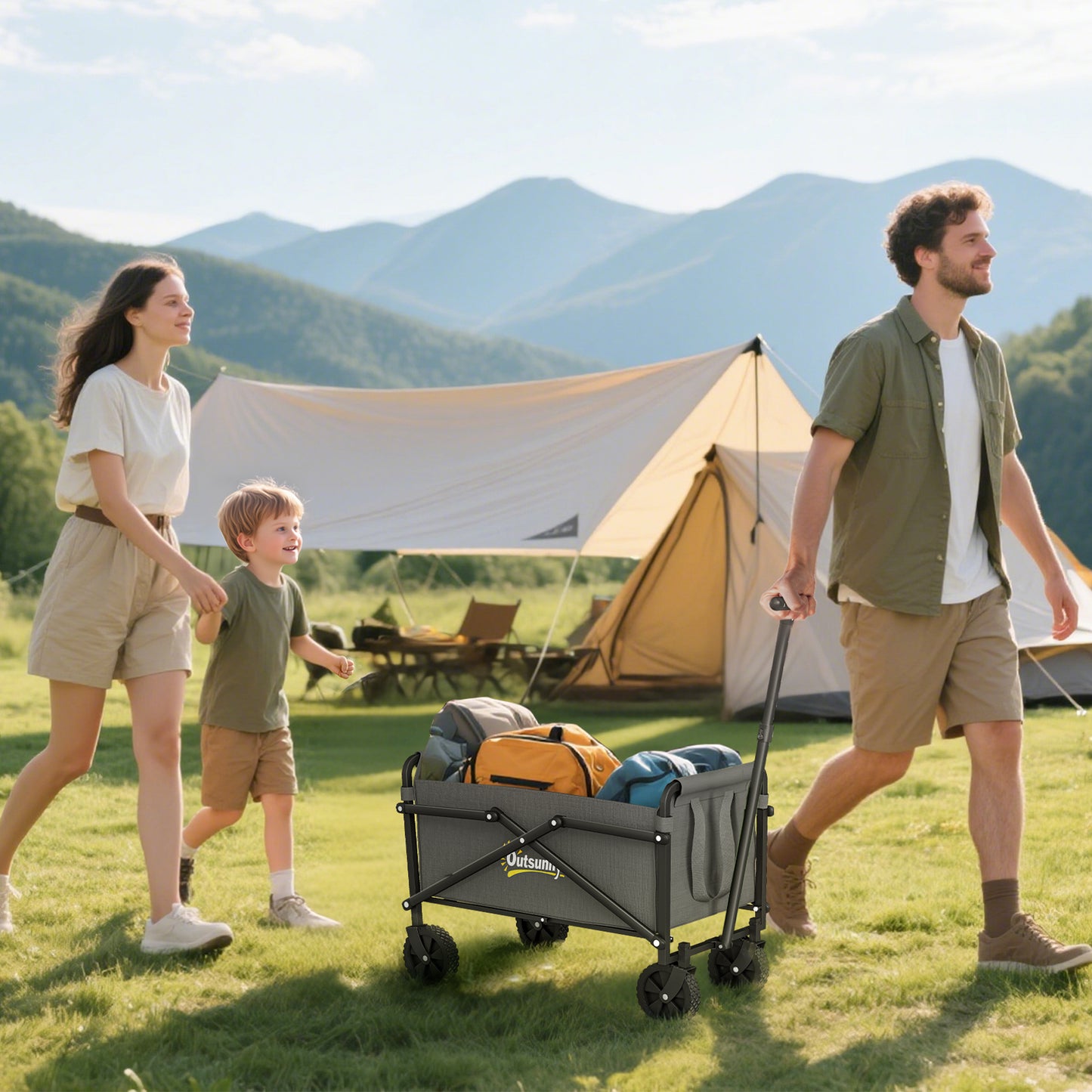 Outsunny Festival Trolley on Wheels, 60kg Heavy Duty Folding Cart with Adjustable Handle, Carrying Bag for Beach, Camping, Festival, Grey