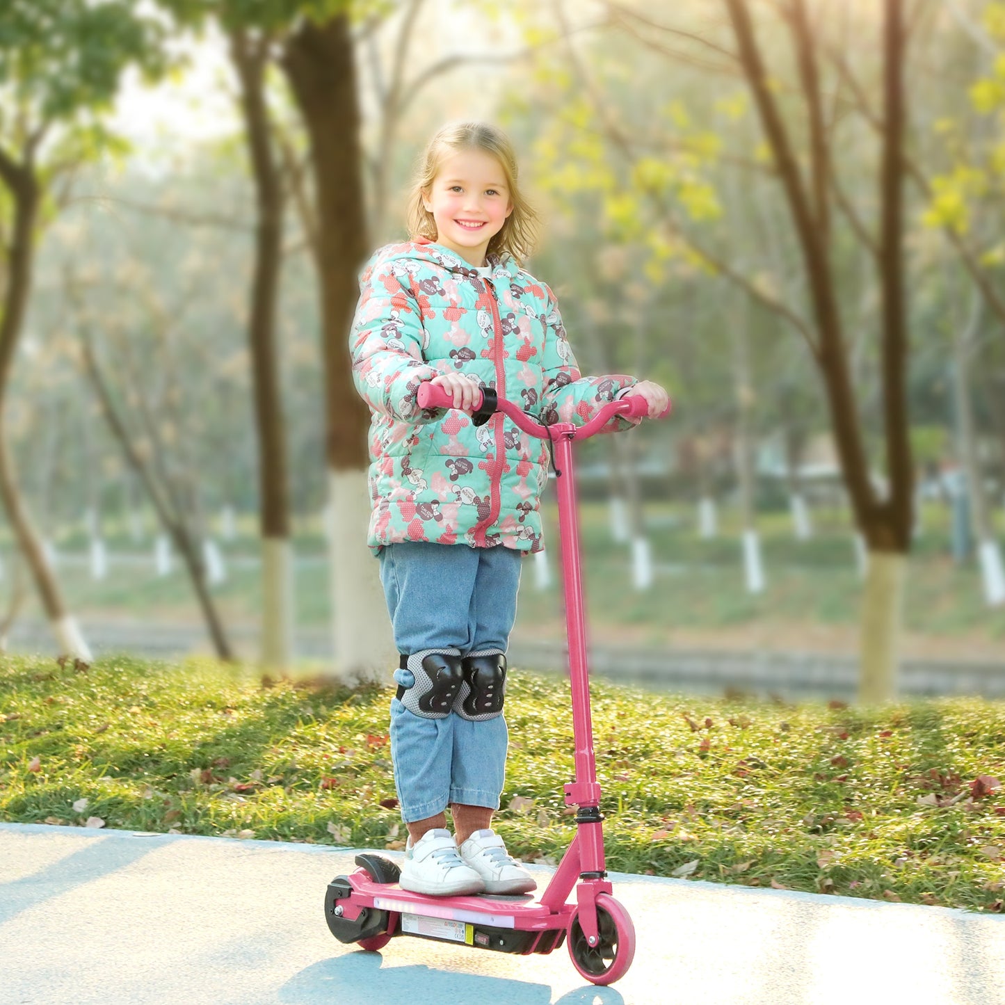 AIYAPLAY Electric Scooter for Kids Ages 6-14, with Colourful Light and Electric Brake, Kids Electric Scooter E Scooter, Up to 10 KM/H & 8 KM, Pink