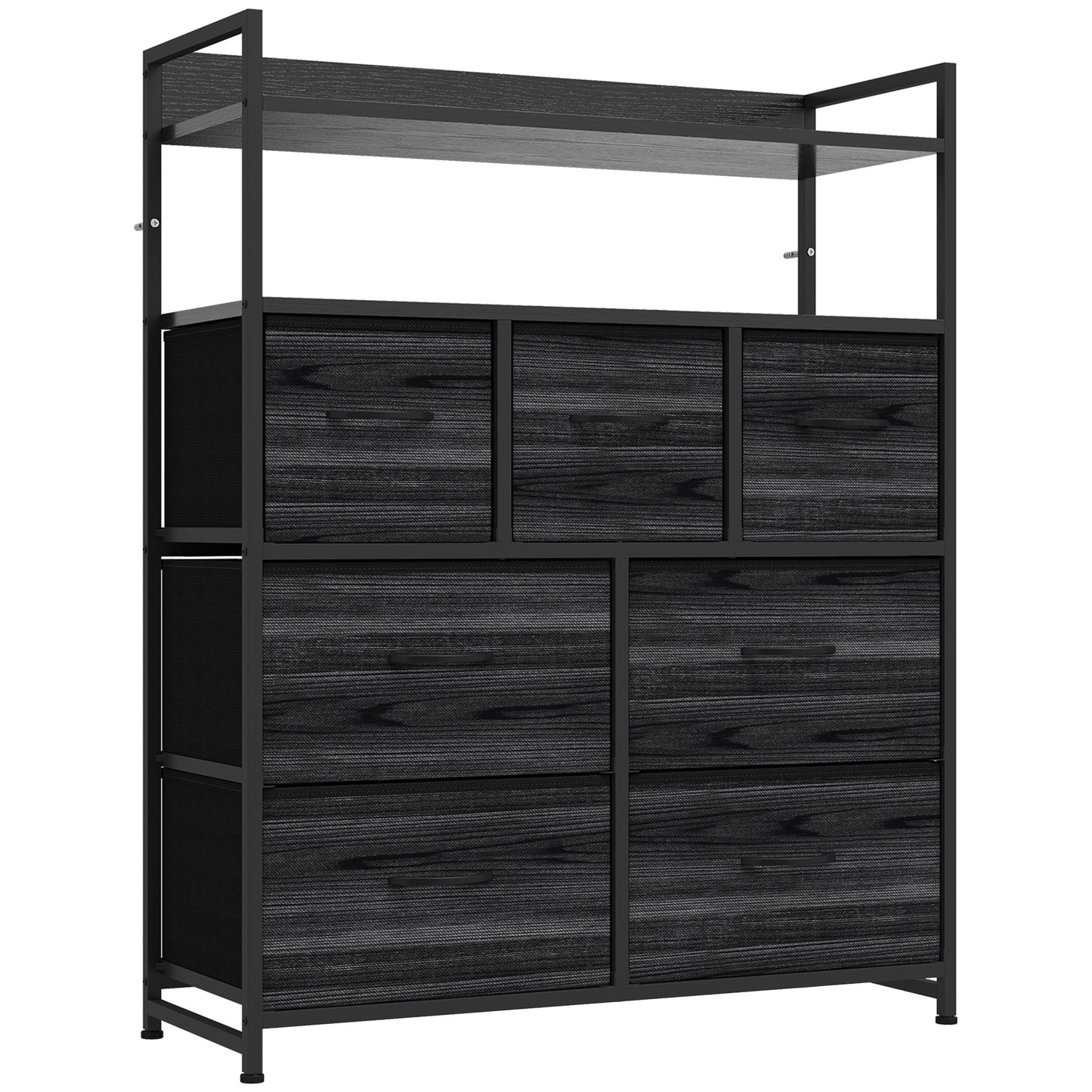 HOMCOM Chest of Drawers, Bedroom Fabric Dresser with 7 Drawers, Storage Organiser Unit with Open Shelves, Black Wood-Effect