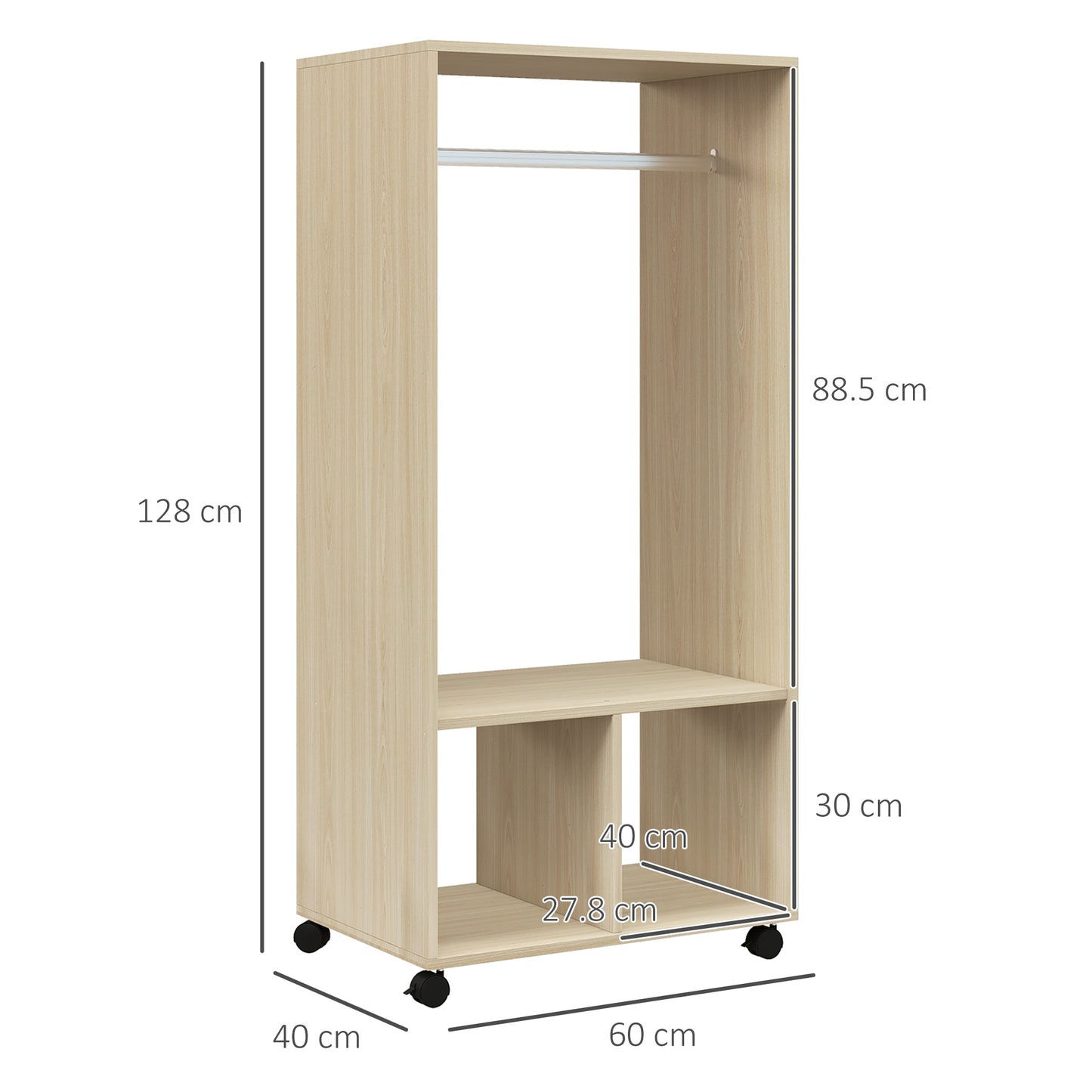 HOMCOM Wardrobe with shelf, 2 compartments and hanging rail, 4 swivel casters dim. 60L x 40W x 128H cm natural wood