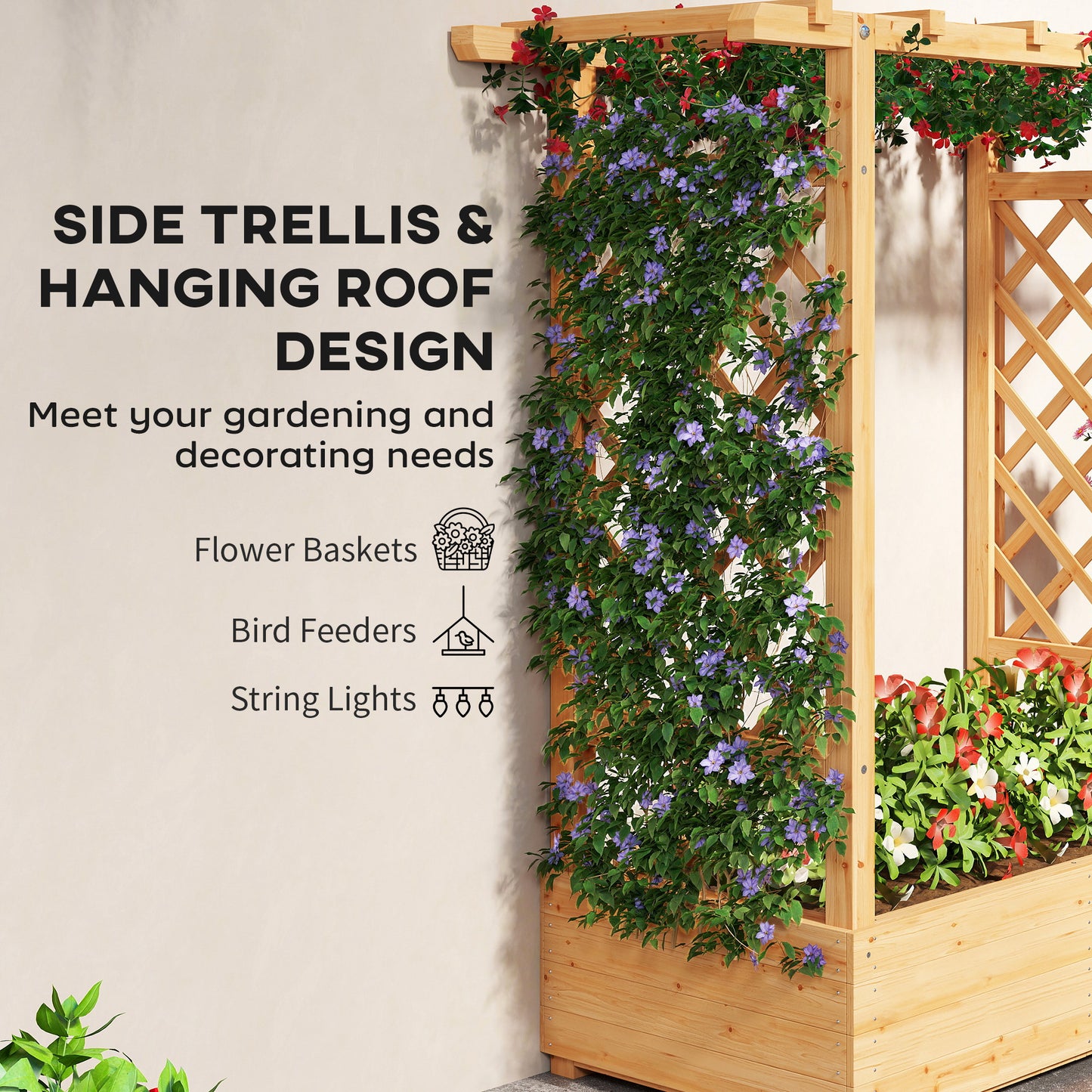 Outsunny Wooden Trellis Planter Box with Roof, Natural 110cm
