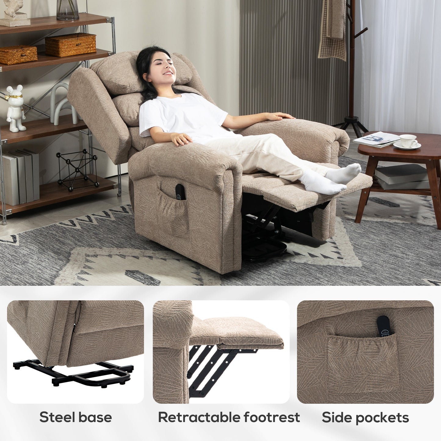 HOMCOM Power Lift Recliner Chair, Velvet Electric Armchair, Thick Back, Khaki