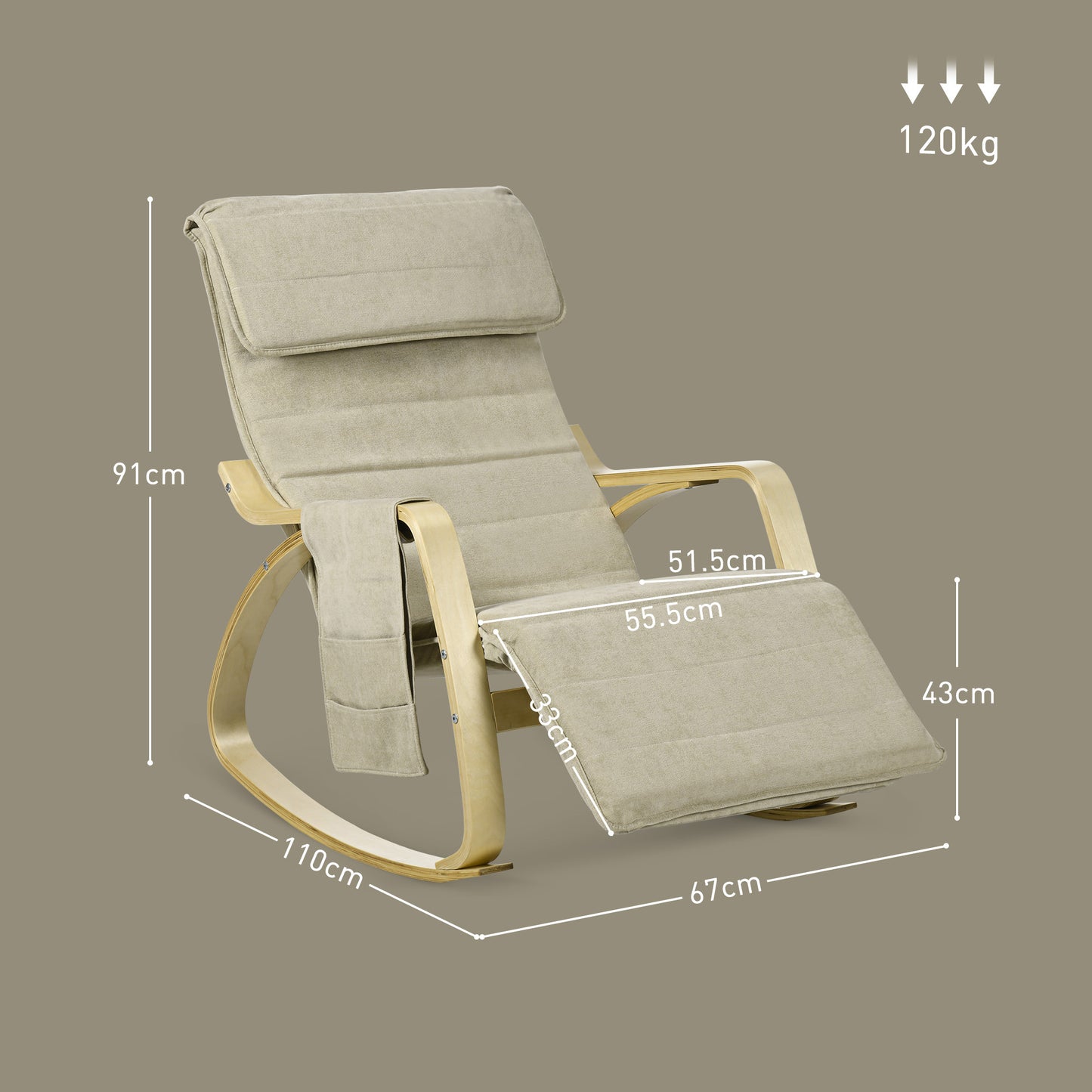 HOMCOM Rocking Lounge Chair Recliner Relaxation Lounging Relaxing Seat with Adjustable Footrest, Side Pocket and Pillow, Beige
