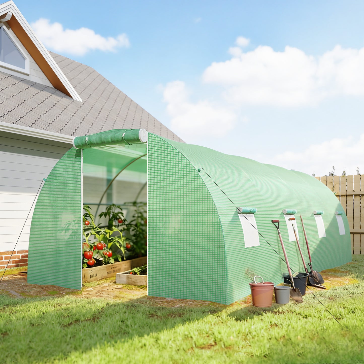 Outsunny 6 x 3 m Walk-in Polytunnel Greenhouse, Zipped Roll-Up Door, 8 Mesh Windows, UV-Resistant PE Cover, Green