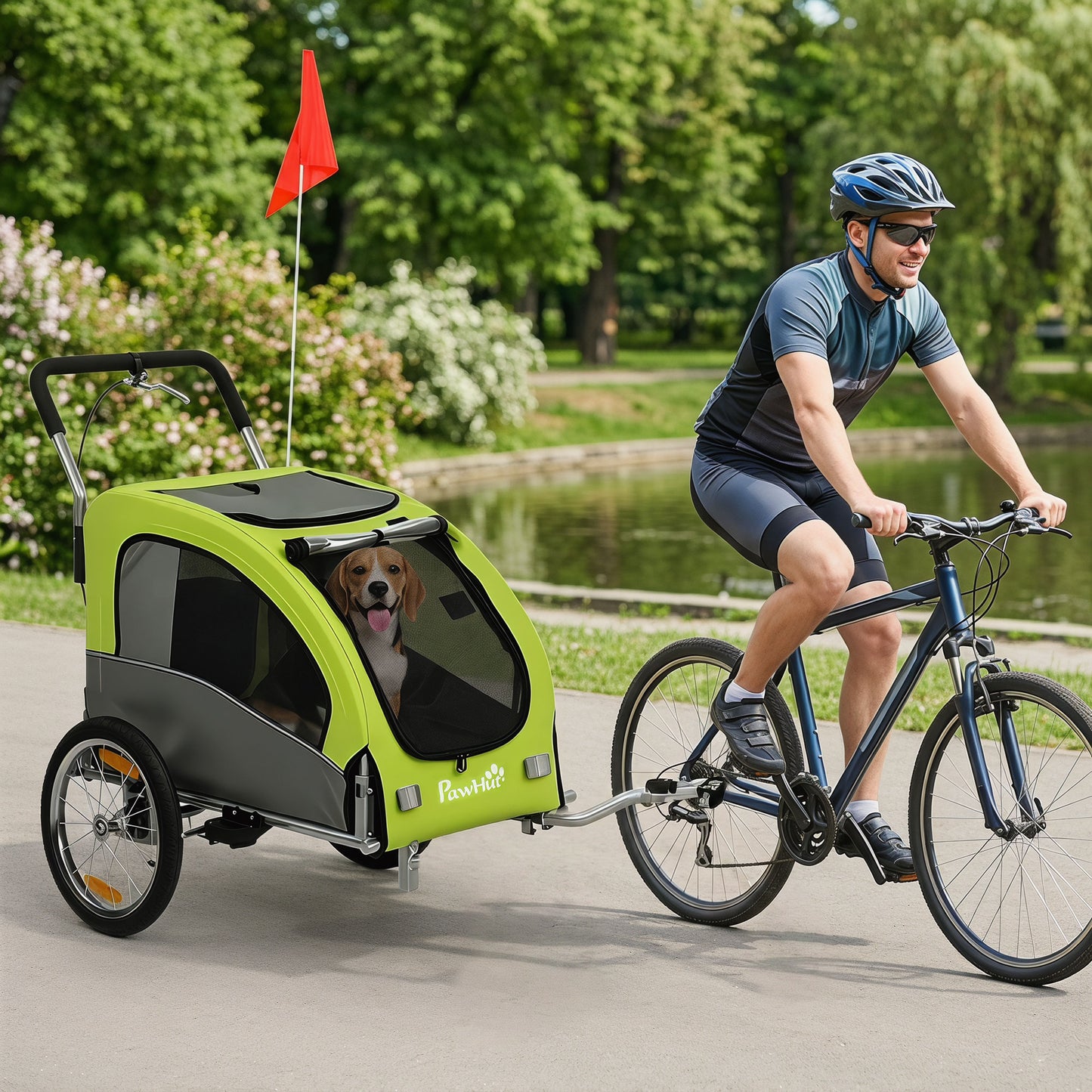 PawHut 2 in 1 Dog Bike Trailer, Foldable Pet Stroller, Dog Bicycle Trailer with Suspension, for Medium Dogs up to 20kg, Green