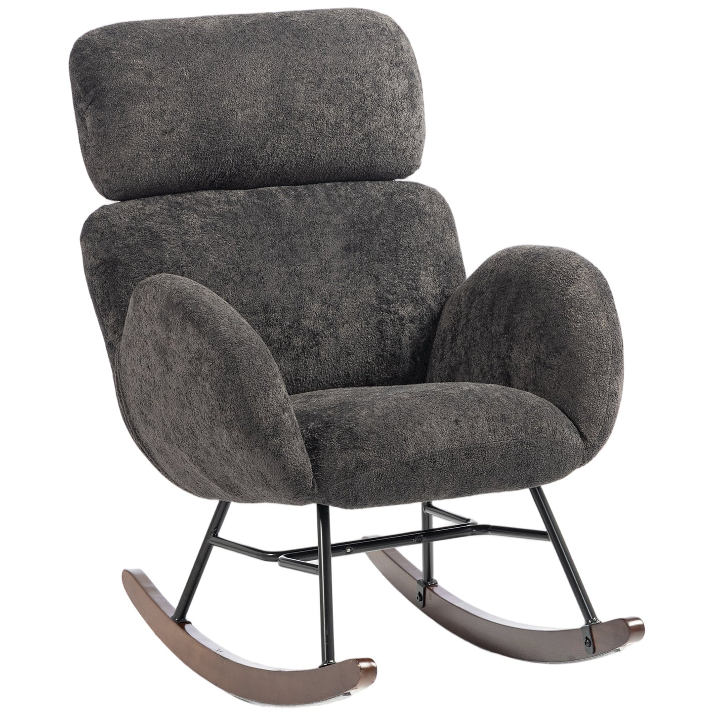 HOMCOM Upholstered Rocking Chair Adjustable Headrest Rocker Chair Raindrop Velvet Rubberwood Base Dark Grey
