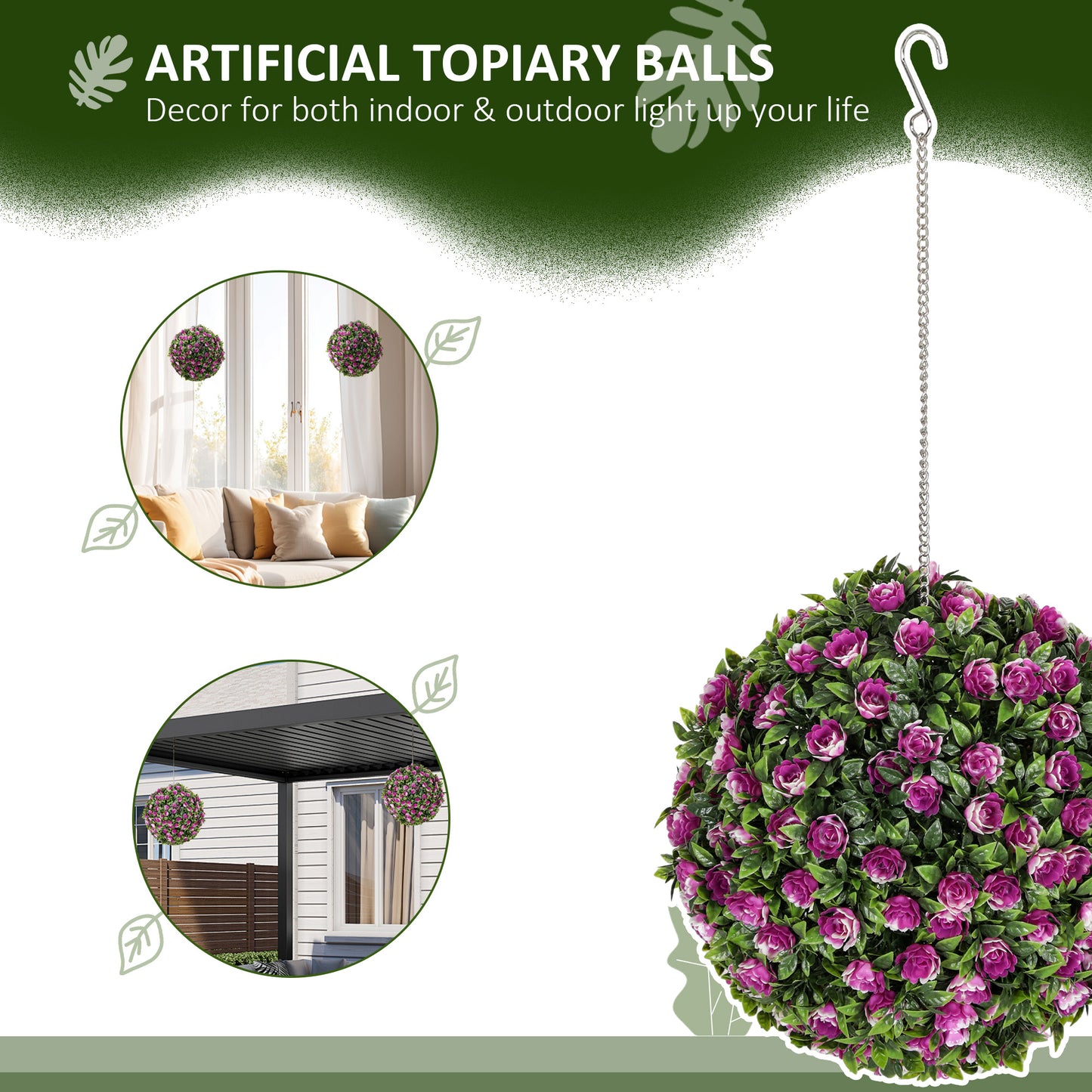 HOMCOM Set of 2 Artificial Plants, UV-Protected Topiary Rose Balls, 28cm, Purple