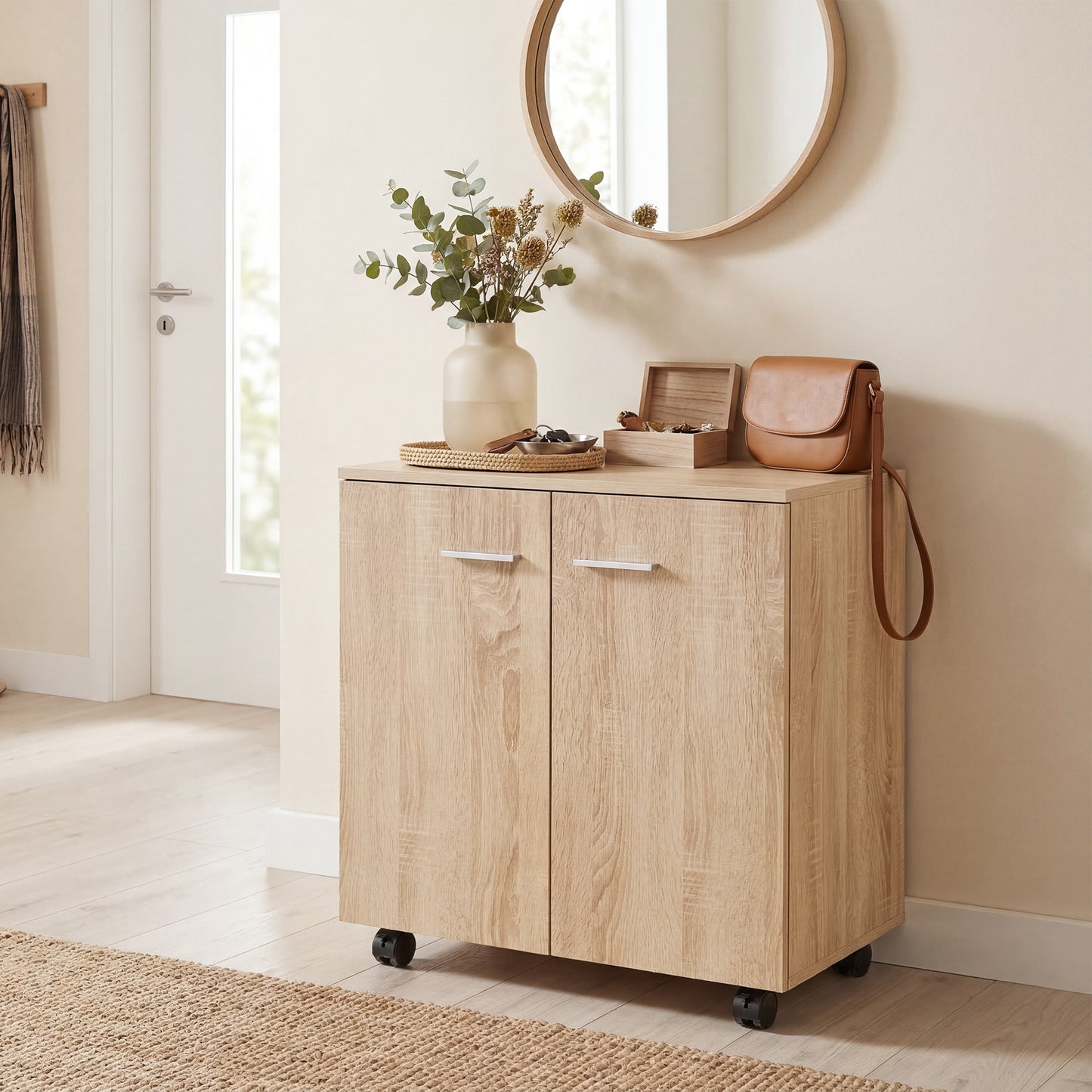 HOMCOM Mobile Sideboard Cabinet with 2 Doors and Internal Shelves for Living Room, Bedroom, 60L x 35W x 65H cm, Natural Wood