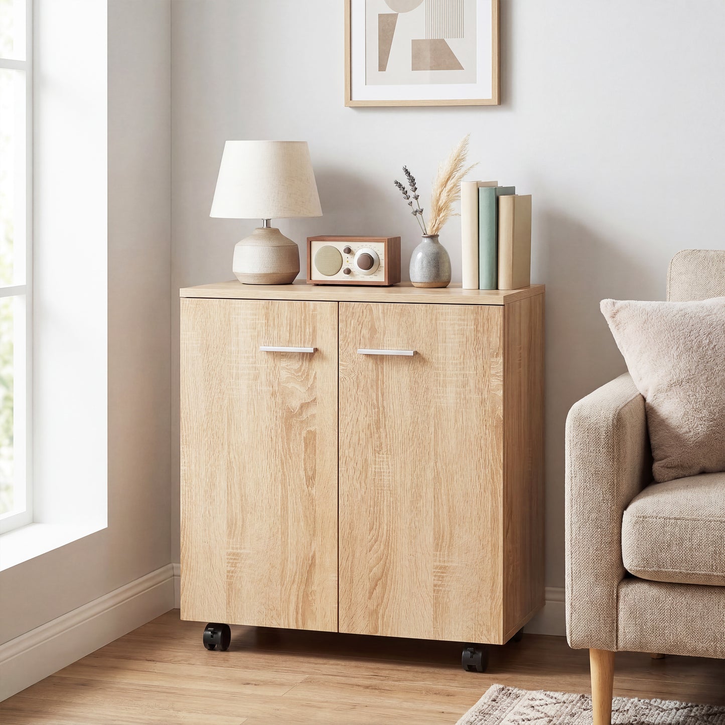 HOMCOM Mobile Sideboard Cabinet with 2 Doors and Internal Shelves for Living Room, Bedroom, 60L x 35W x 65H cm, Natural Wood