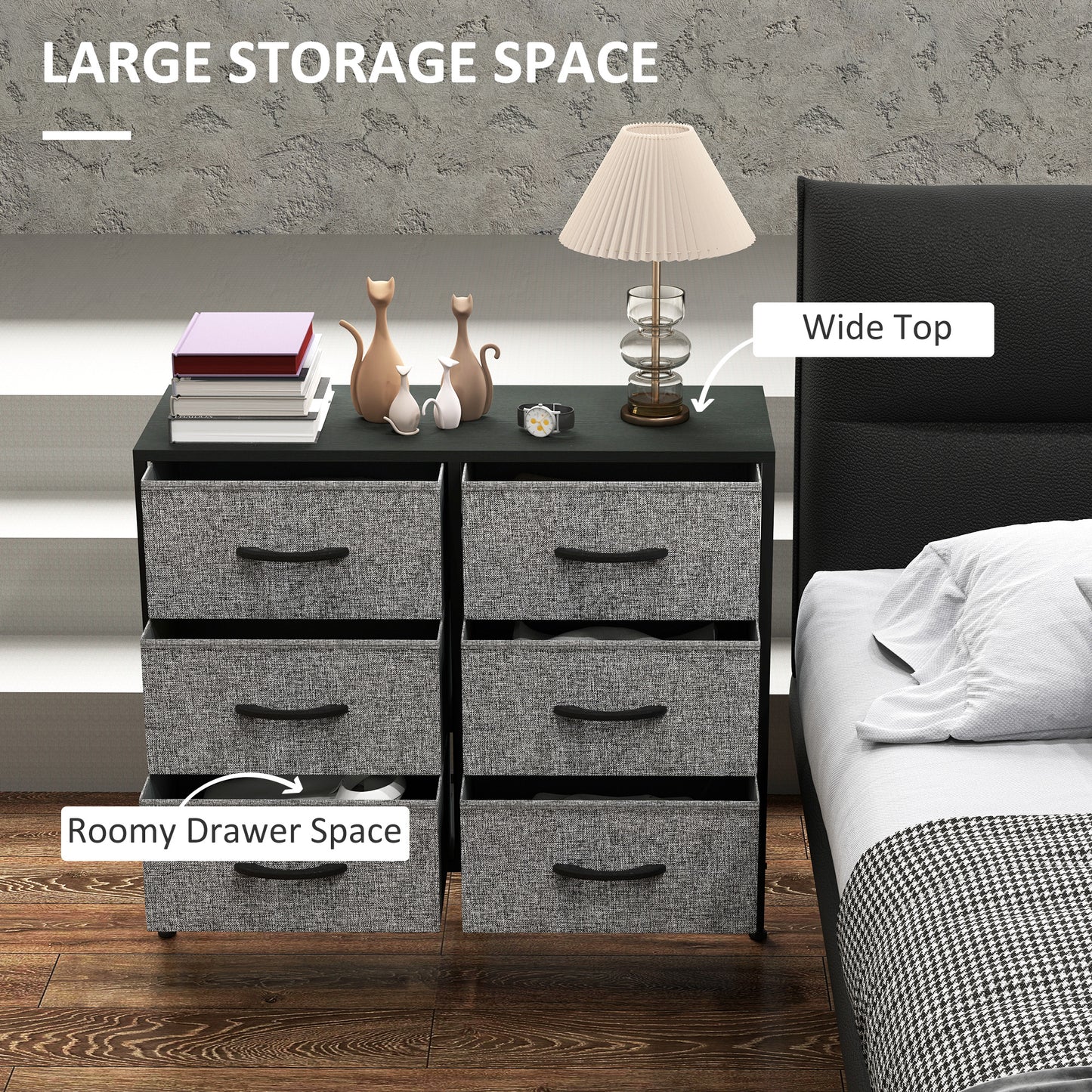 HOMCOM Industrial Dresser with 6 Fabric Drawers, Steel Frame & Wooden Top for Nursery, Living Room, Hallway, Black