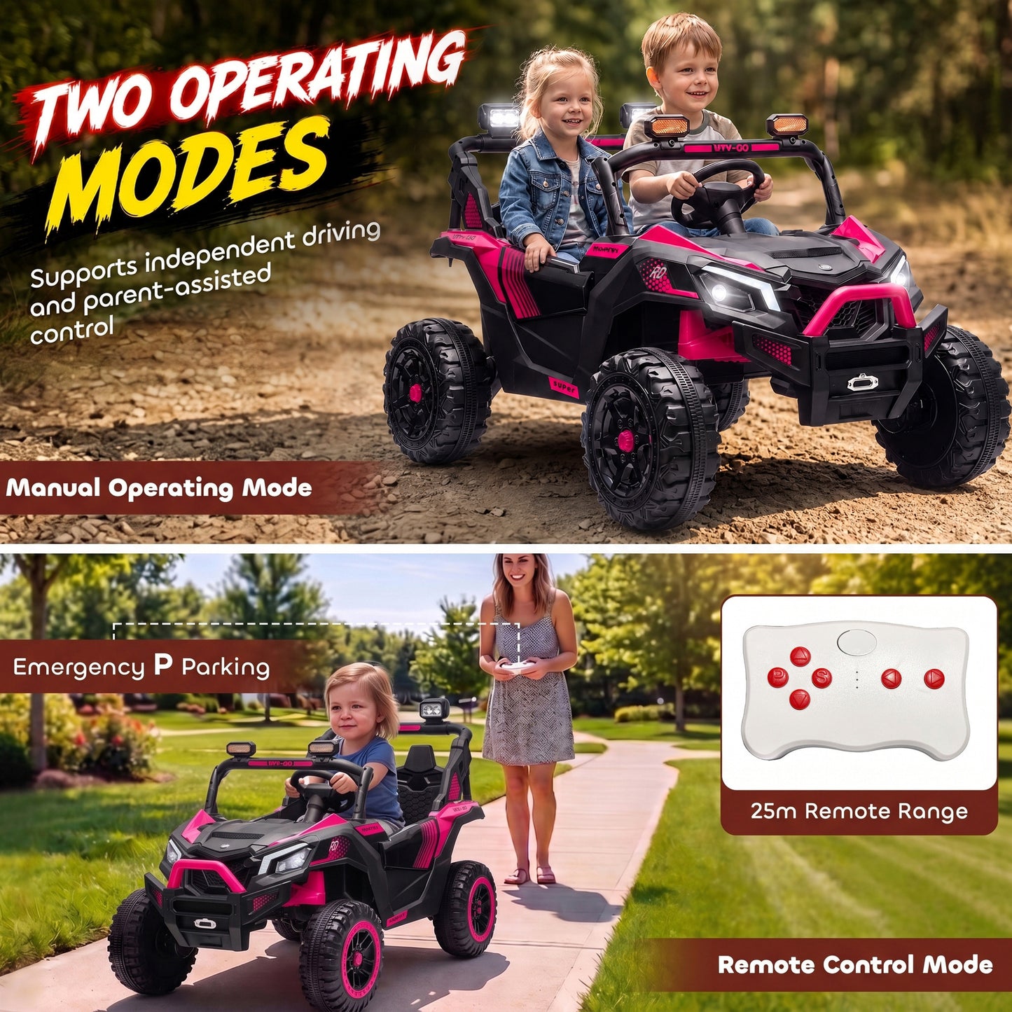 AIYAPLAY 24V 2 Seater Ride On Truck Car for Big Kids with Remote Control, Dual Motors, 4-Wheel Suspension for Ages 3-8, Pink