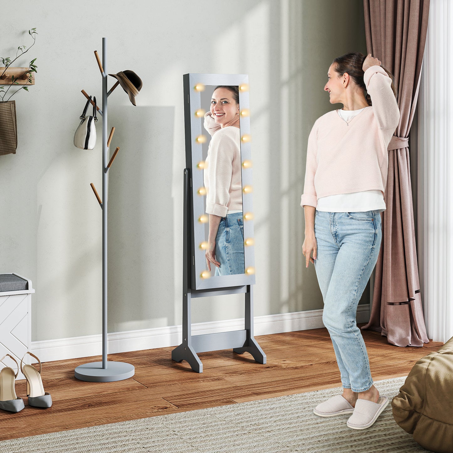 HOMCOM Freestanding Jewelry Cabinet with LED, Adjustable Full-Length Mirror and Organizer for Necklaces, Earrings, Rings, Lipsticks, Grey