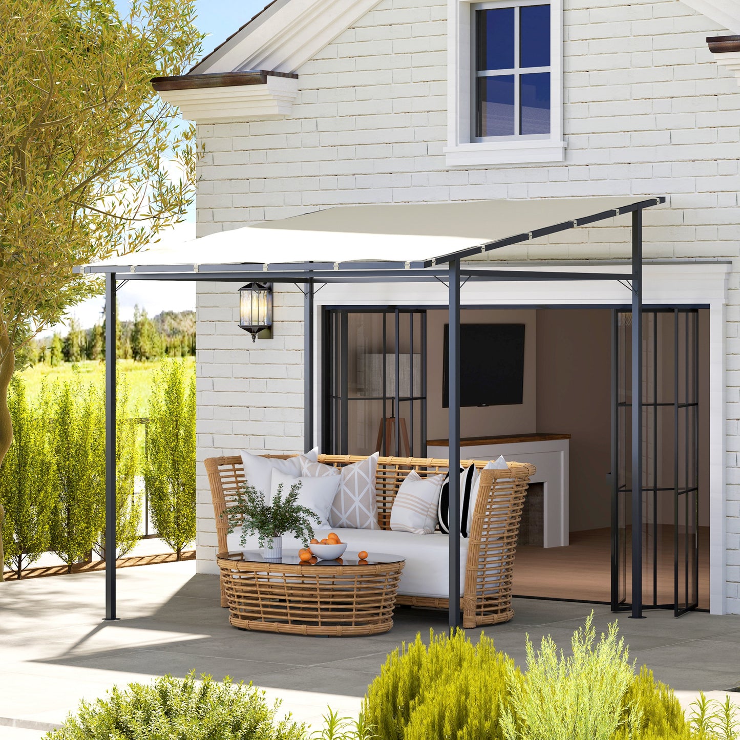 Outsunny Wall Mounted Pergola Gazebo, 2.4 x 2.4 m, Metal Frame, UPF30+ Sun Shade Shelter for Garden/Deck, Cream White