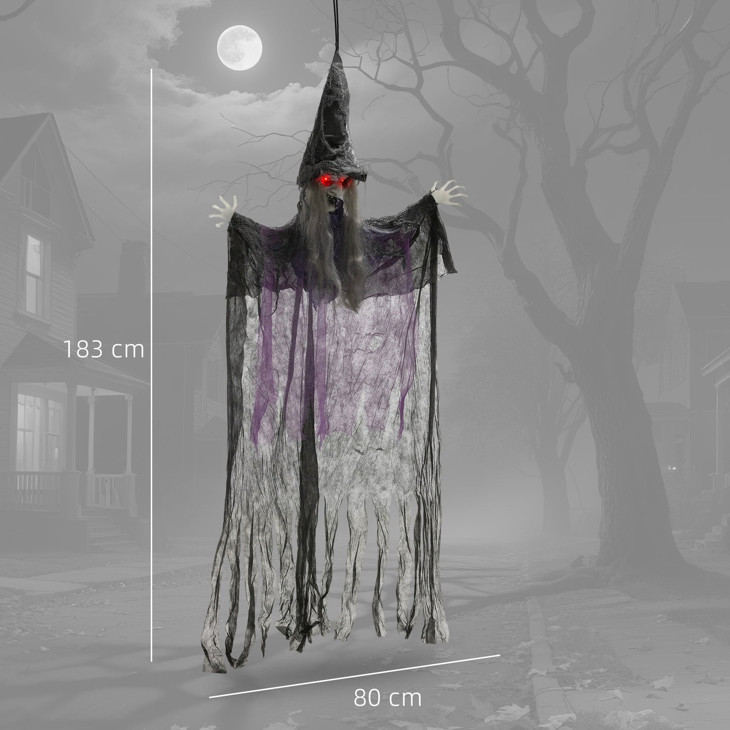 Outsunny 183 cm Life Size Halloween Animated Witch with Glowing LED Eyes, Battery Operated, Indoor Party Props, Black