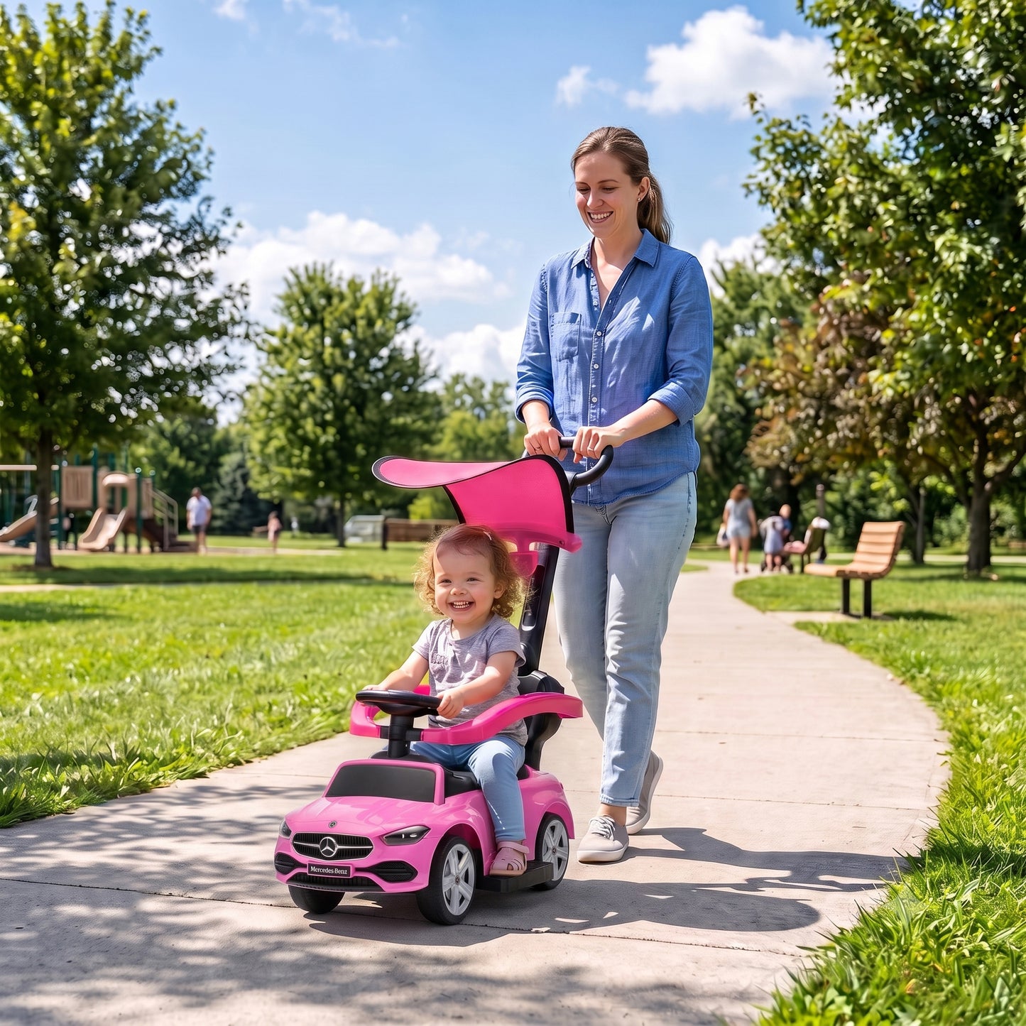 AIYAPLAY 4 in 1 Licensed Benz Ride on Push Car with Handle, Canopy, Guardrails, Horn, Music, Storage for 12-36 Months, Pink