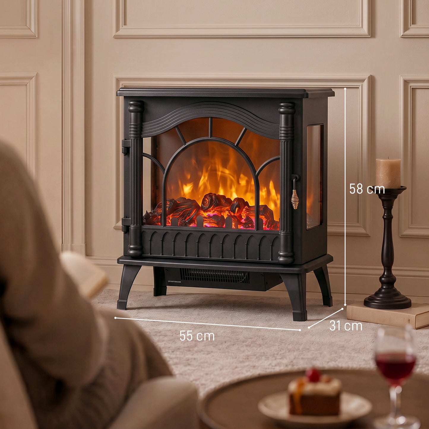 HOMCOM 3-Sided Glass Electric Fire Fan Heater, Electric Fireplace Stove Freestanding Log Burner with Flame Effect, Black