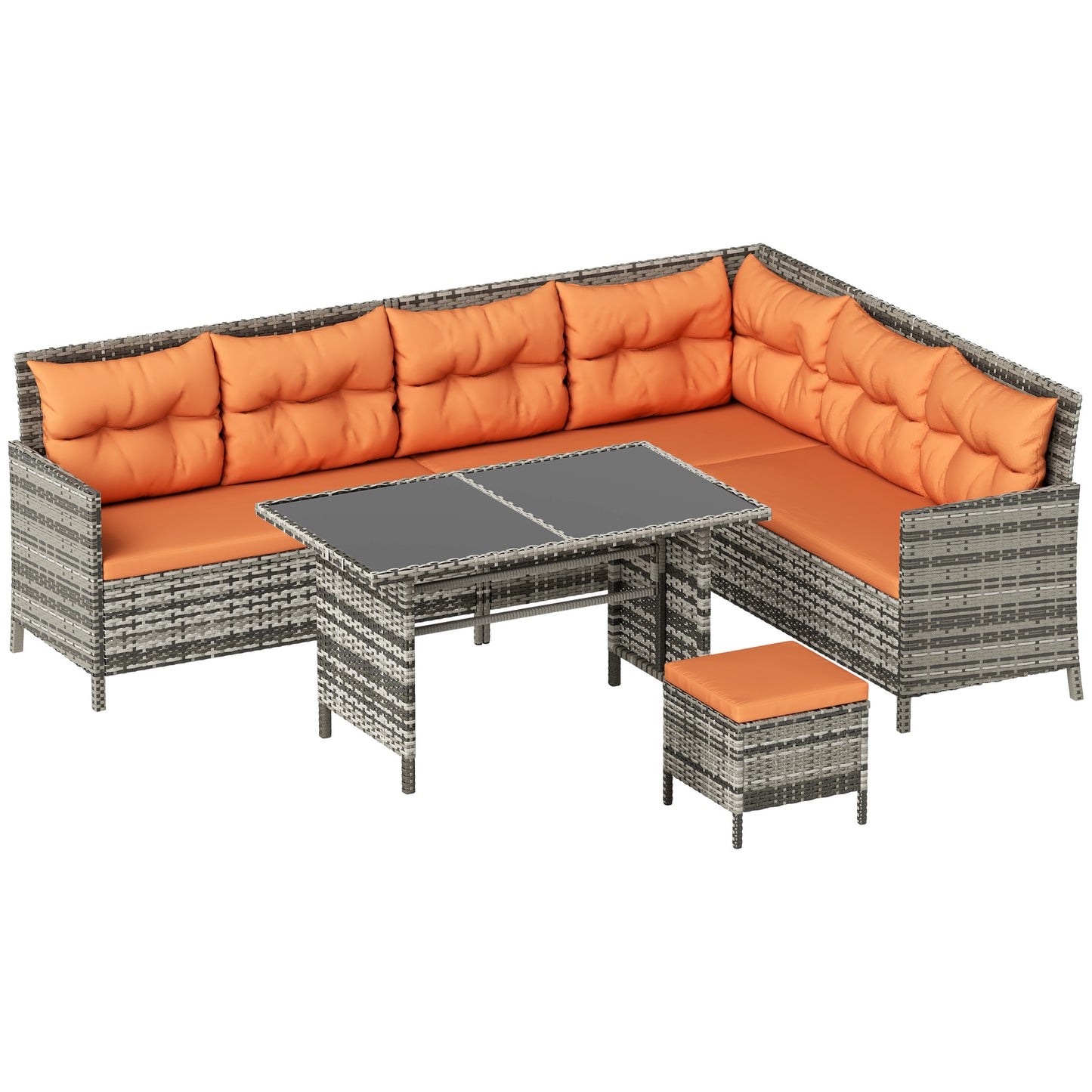 Outsunny 7-Seater Patio wicker Sofa Set Rattan Chair Furniture w/ Glass & Cushioned, Orange