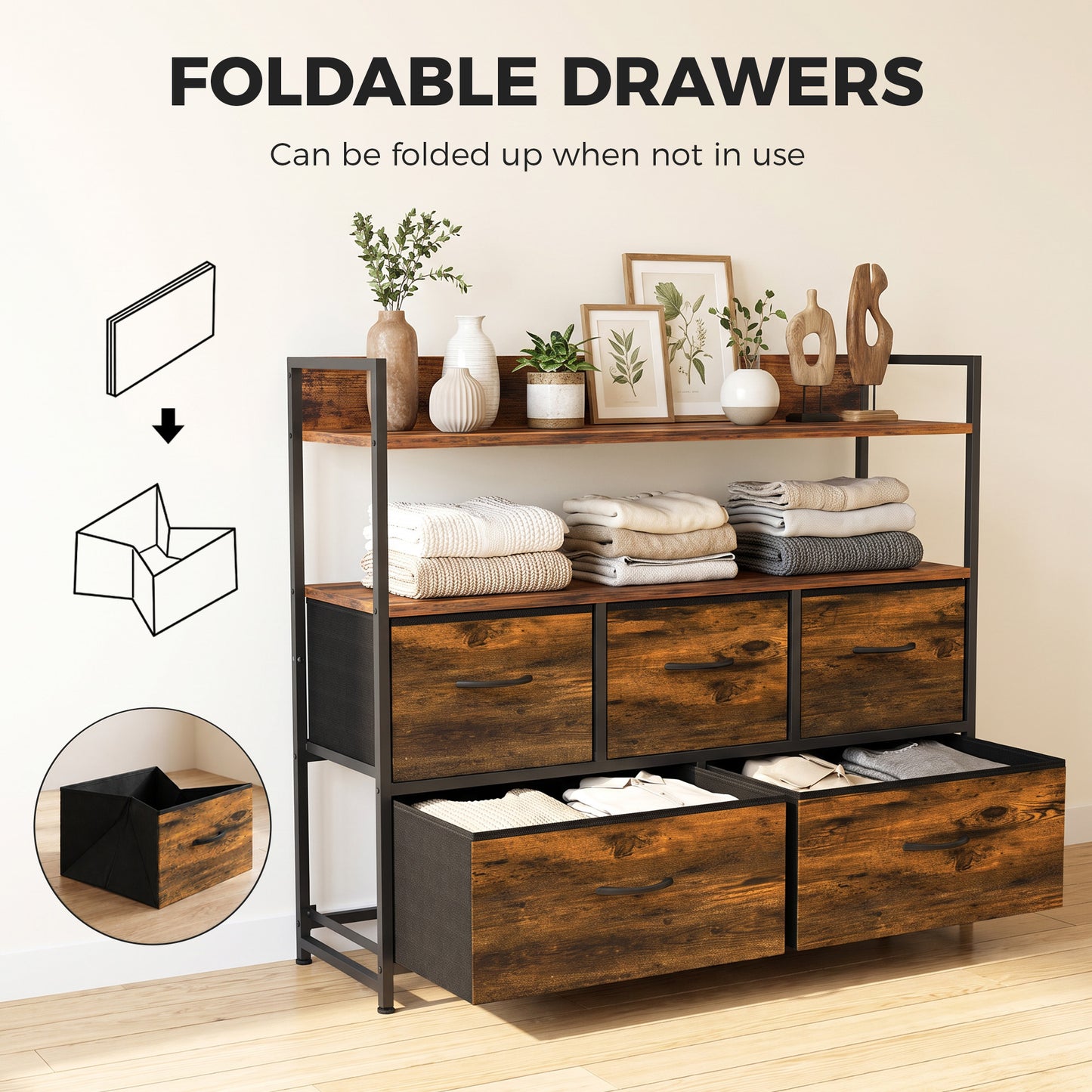 HOMCOM Chest of Drawers, Bedroom Fabric Dresser with 5 Drawers, Storage Organiser Unit with Open Shelves, Rustic Brown