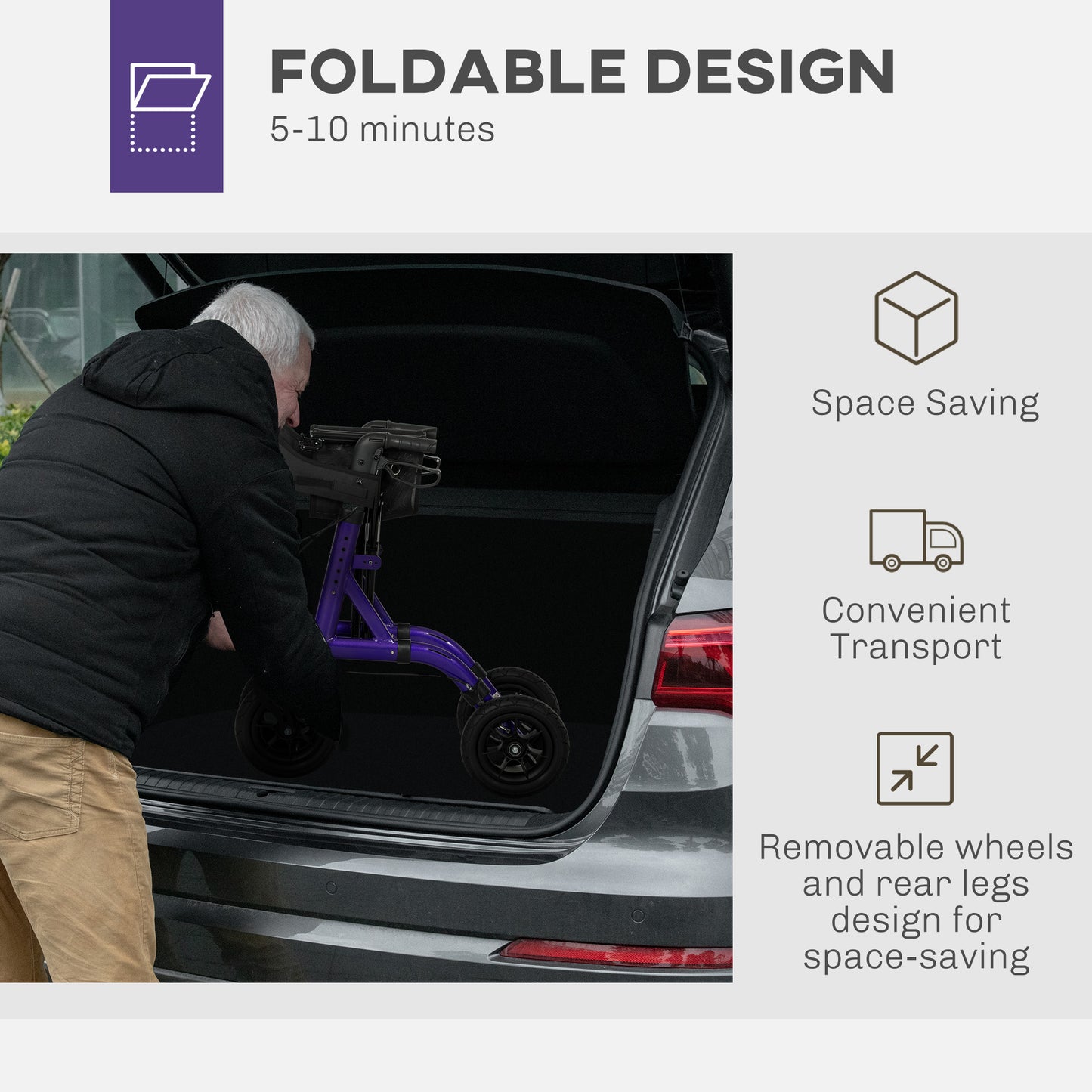 HOMCOM Folding Rollator Walker with Seat, Storage Bag, Adjustable Handle, Purple