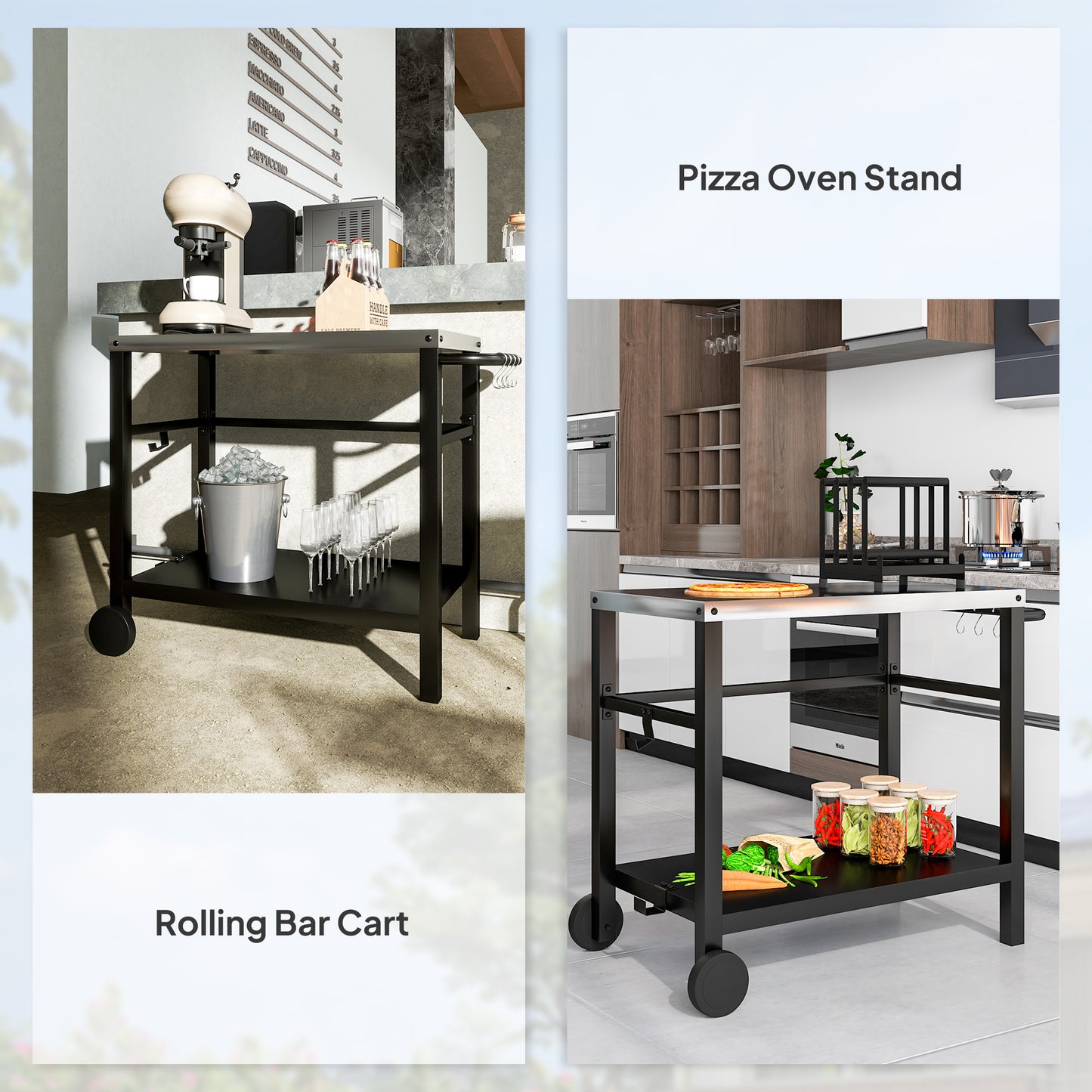 Outsunny Outdoor Grill Dining Cart, 2-Shelf Pizza Oven Table with Stainless Steel Top, BBQ Trolley Station with Hooks, Wheels, Handle, Charcoal Grey