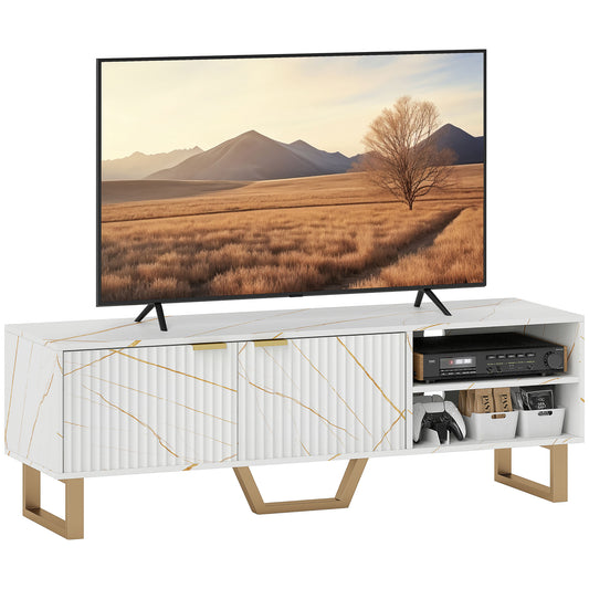 HOMCOM Marble Effect TV Unit, Stand for up to 70" TVs with Shelves, Storage, Fluted Door, Center Leg, Cable Management, White