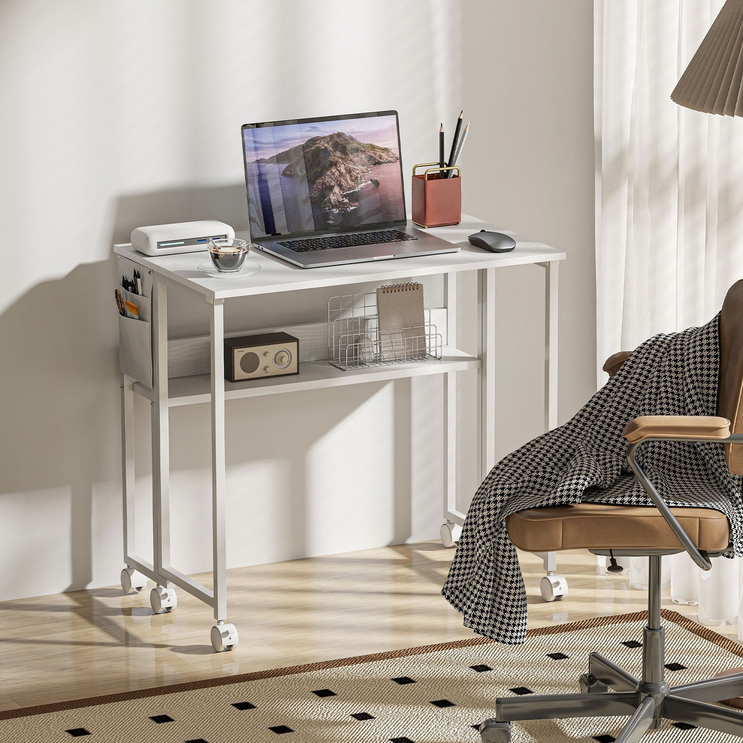 HOMCOM 80 cm Folding Desk with Storage Shelf and Drop Leaf on Wheels - White