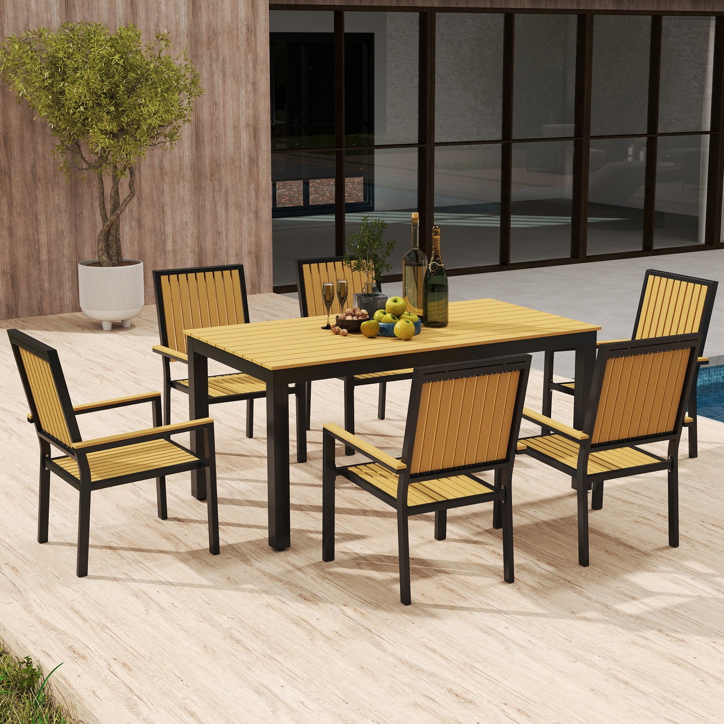 Outsunny 6 Seater Garden Dining Set, Aluminium Frame, Stackable Chairs, Rectangular Plastic Top, Nature Wood