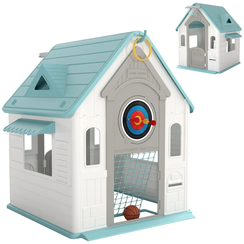 AIYAPLAY 5-in-1 Playhouse for Kids Outdoor Indoor with Basketball Hoop, Football Goal, Dartboard, Ring Toss for 2-5 Years
