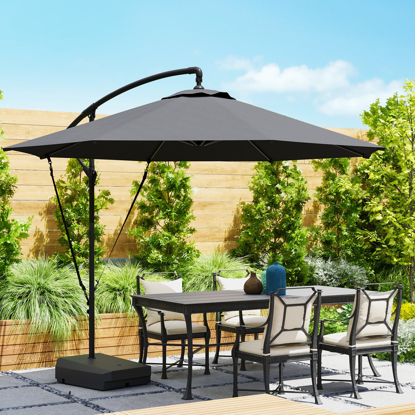 Outsunny Garden Cantilever Parasol with Fillable Base, Wind Strap, Cover, Crank Handle, Tilt, UPF50+ Sun Shade, Grey