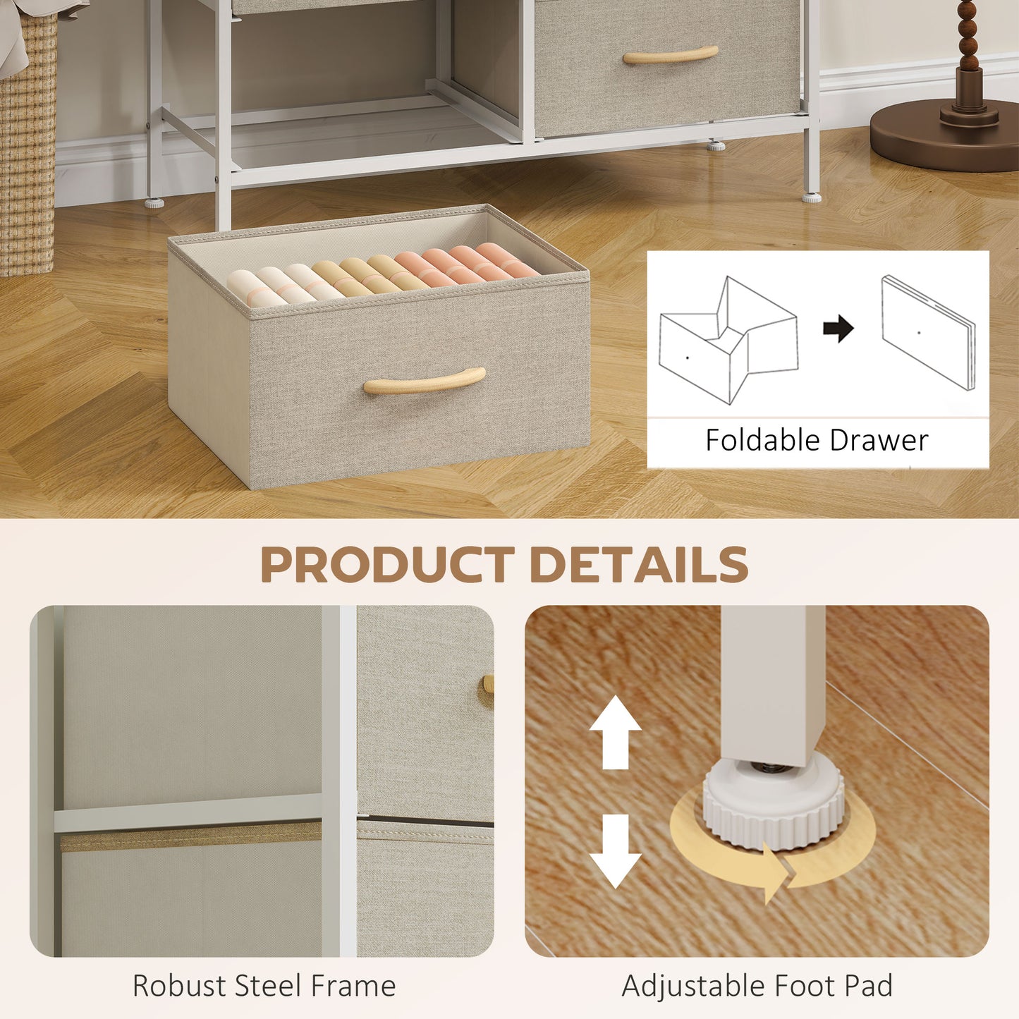 HOMCOM Industrial Chest of Drawers, 8 Fabric Drawers, Steel Frame, Wooden Top, for Nursery, Living Room, Hallway, Maple Wood-effect