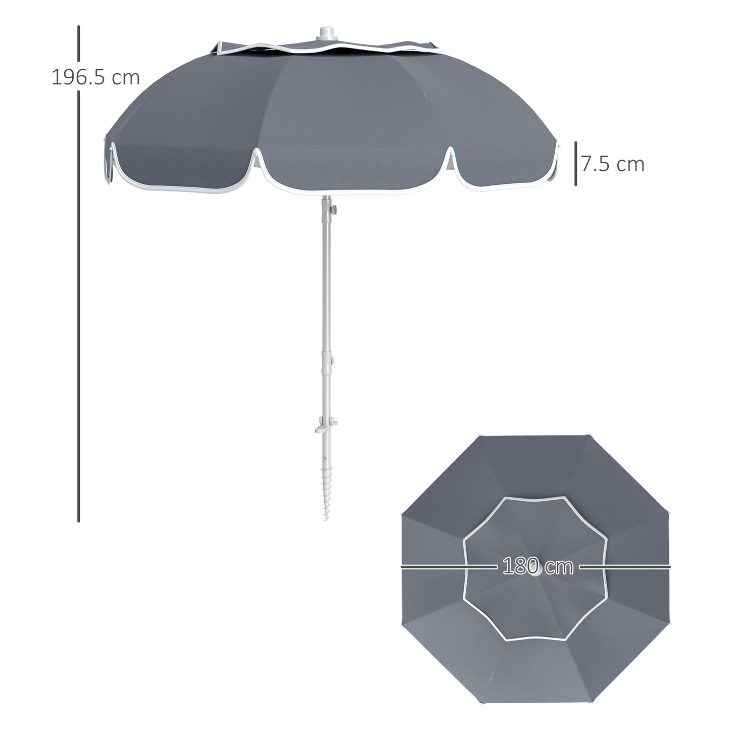 Outsunny Beach Umbrella Portable with Sand Anchor, Carry Bag, Adjustable Height & Tilt, UPF50+ UV Protection, Grey