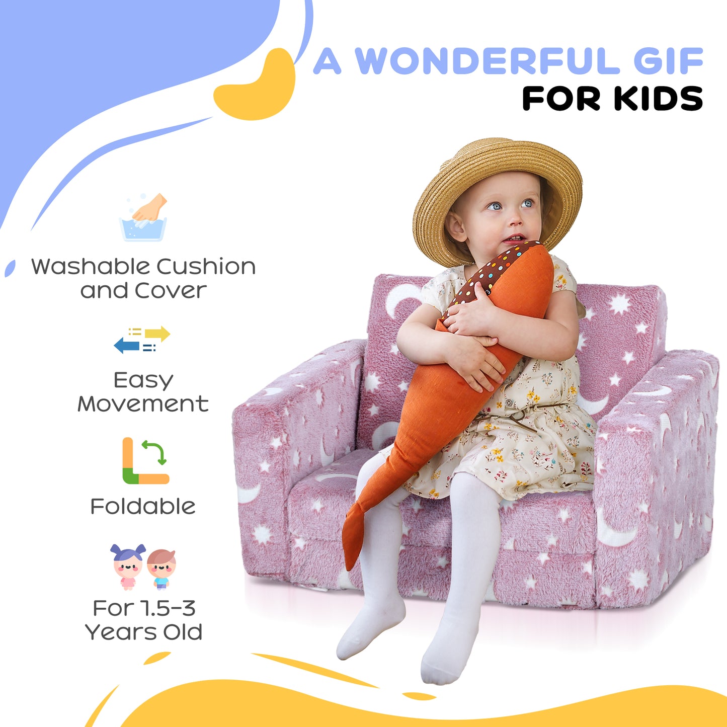 AIYAPLAY 2 in 1 Kids Foldable Chair with Glow in The Dark Stars Moon Design, Washable Cushion and Cover - Blue