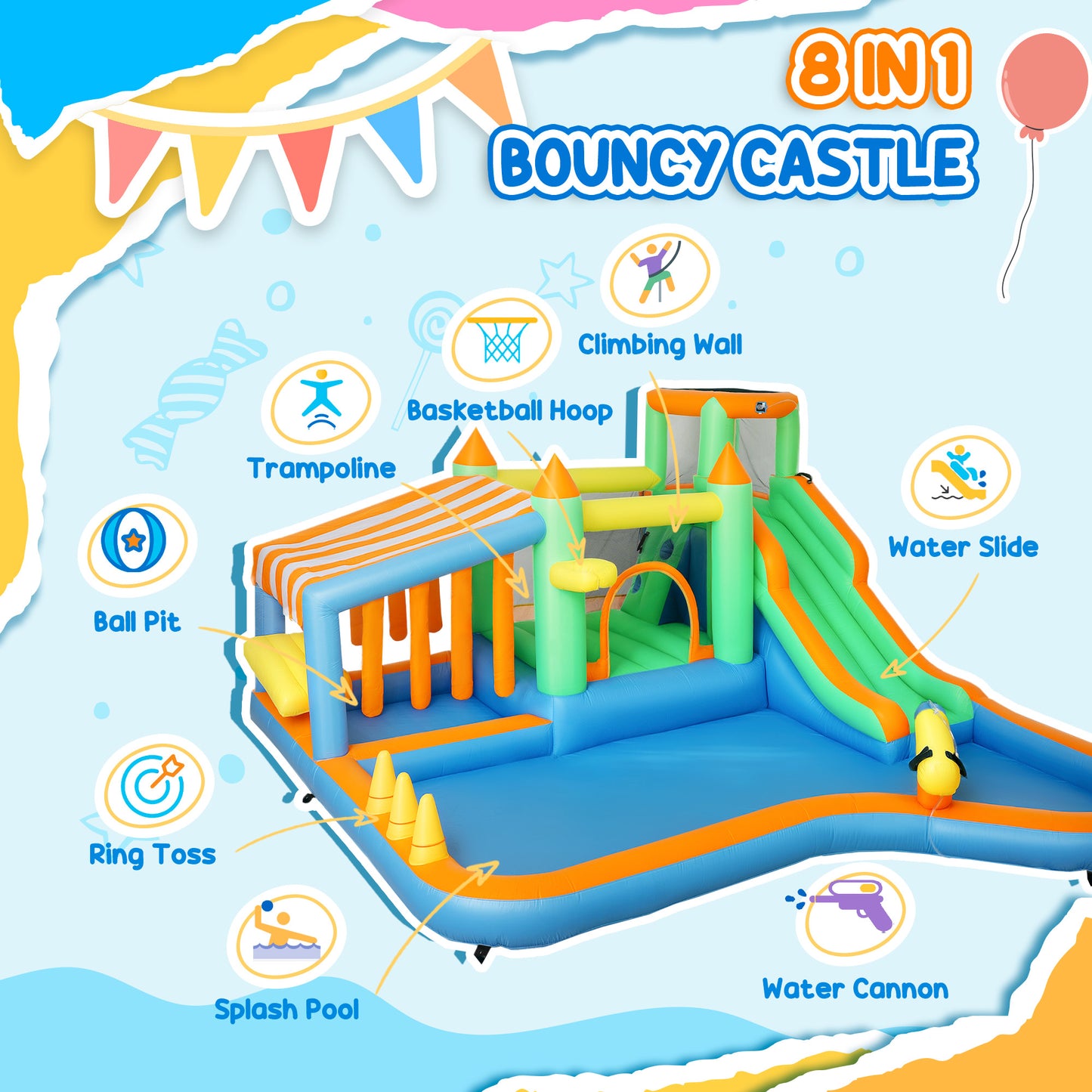 AIYAPLAY 8 in 1 Inflatable Bounce House with 680W Blower, Slide, 2 Pools, Basketball Hoop, Climbing Wall, Water Gun, Ring Toss