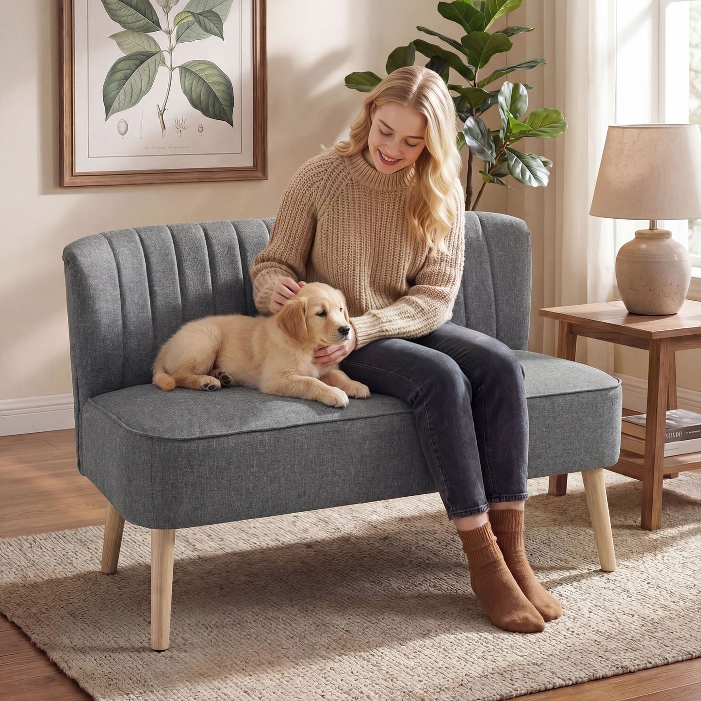 HOMCOM 46" Loveseat Sofa Upholstered Small 2 Seater Sofa with Thick Padded Seat and Rubber Wood Legs, Grey