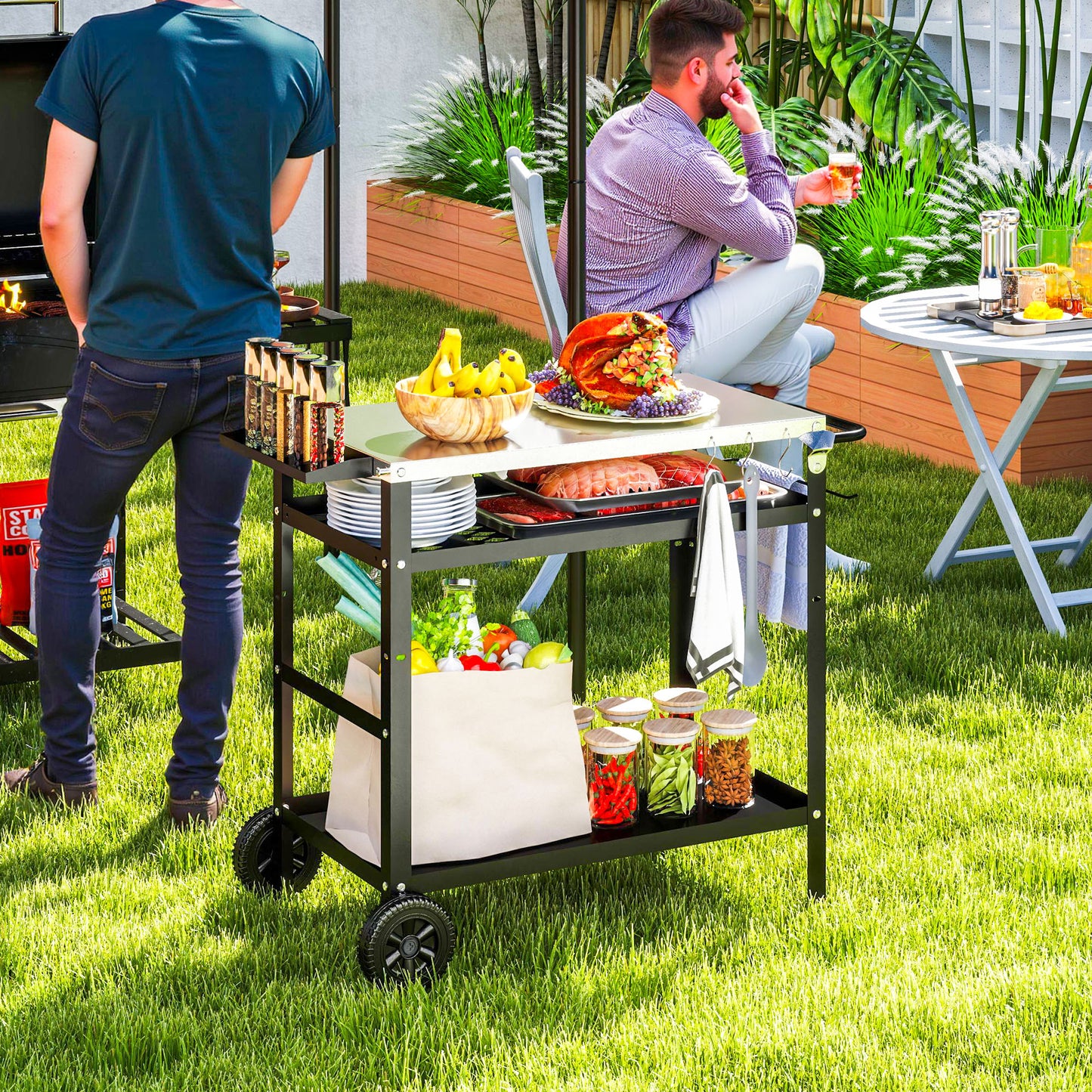 Outsunny BBQ Trolley, Stainless Steel Top, Adjustable Shelf, Hooks, Tray, Towel Rack, Pizza Oven Table, Movable Grill Cart with Cover, Black