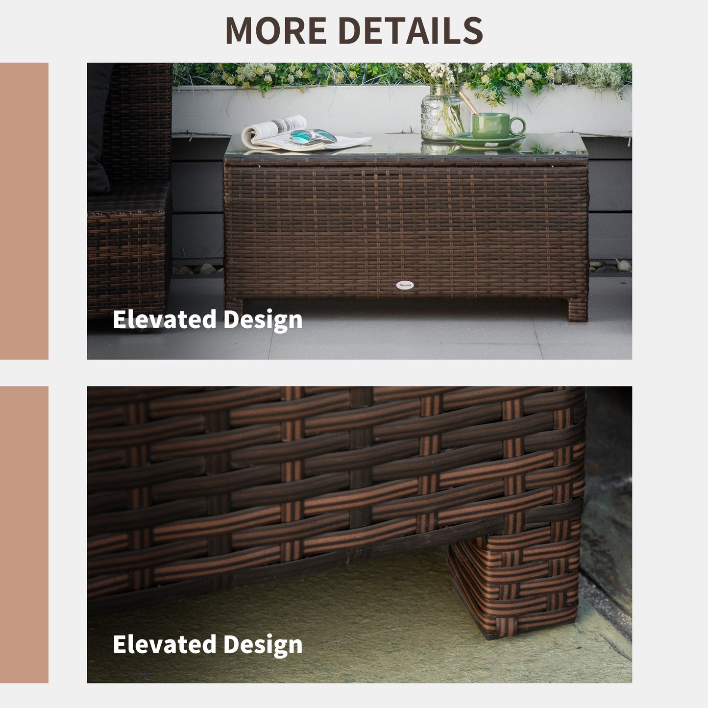 Outsunny Rattan Coffee Table with Glass Top Brown