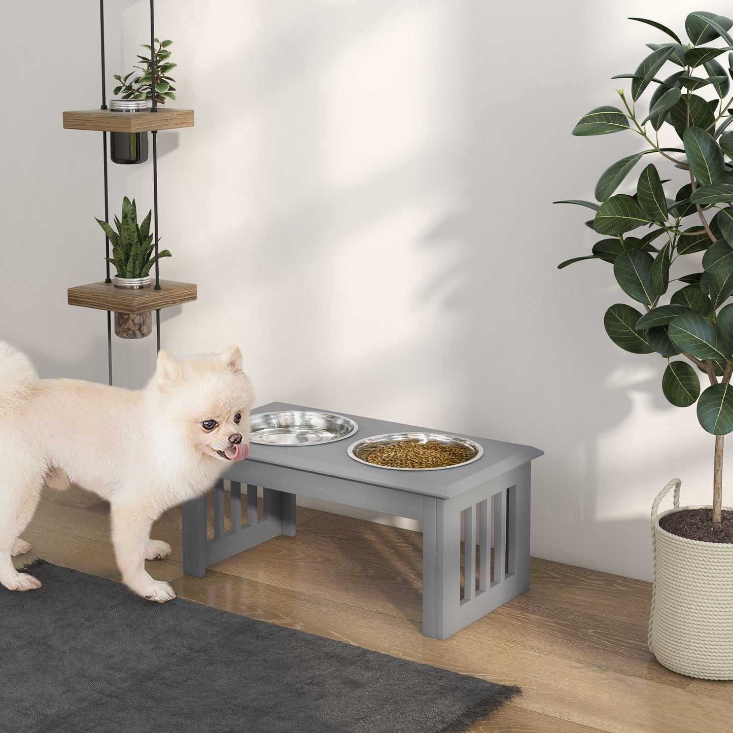 PawHut Raised Dog Feeding Bowls with Stand, Stainless Steel for Small and Medium Dog, 58L x 31W x 25H cm - Grey