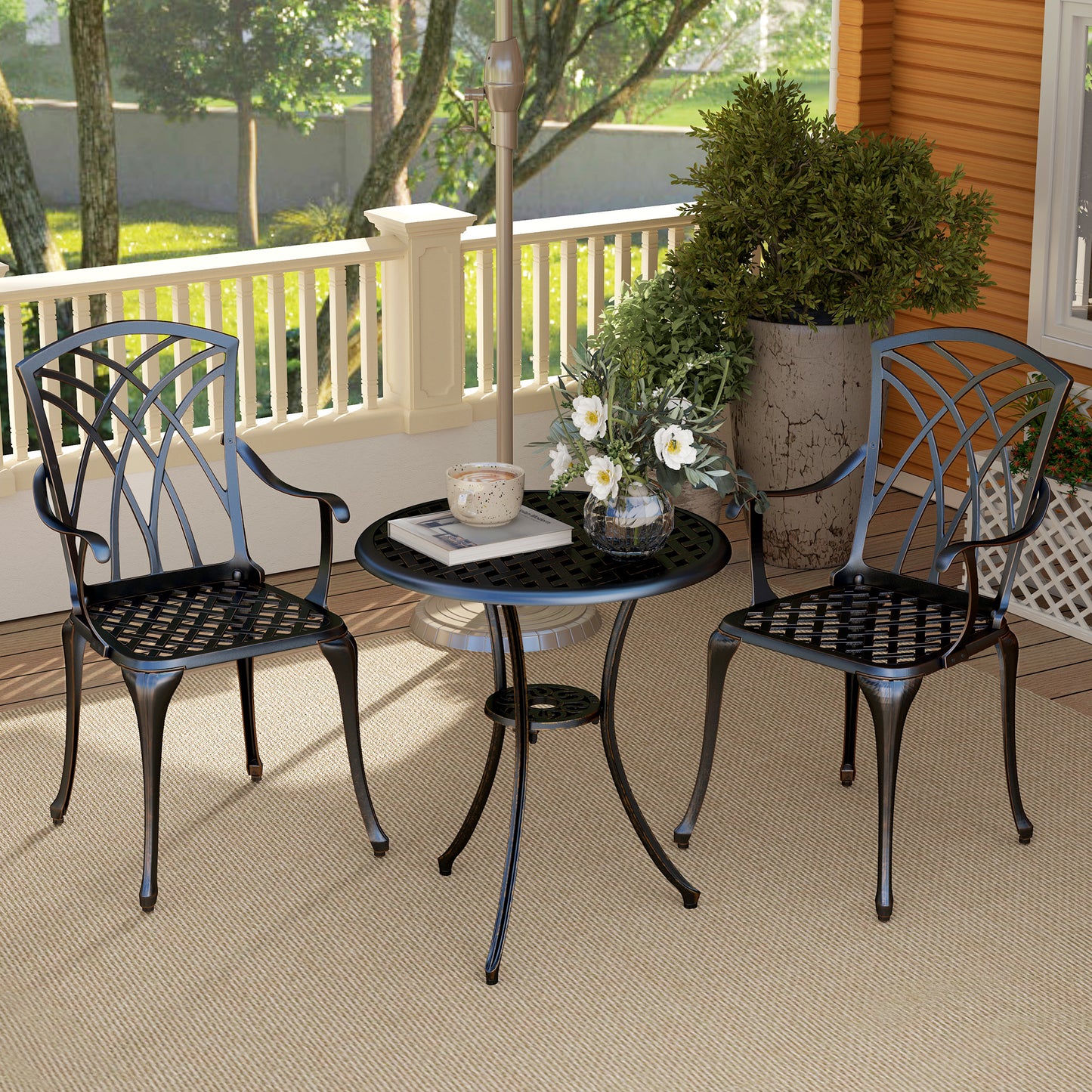 Outsunny 3-Piece Garden Set: Cast Aluminium 2 Armchairs & Round Table w/ Parasol Hole, Bronze Tone