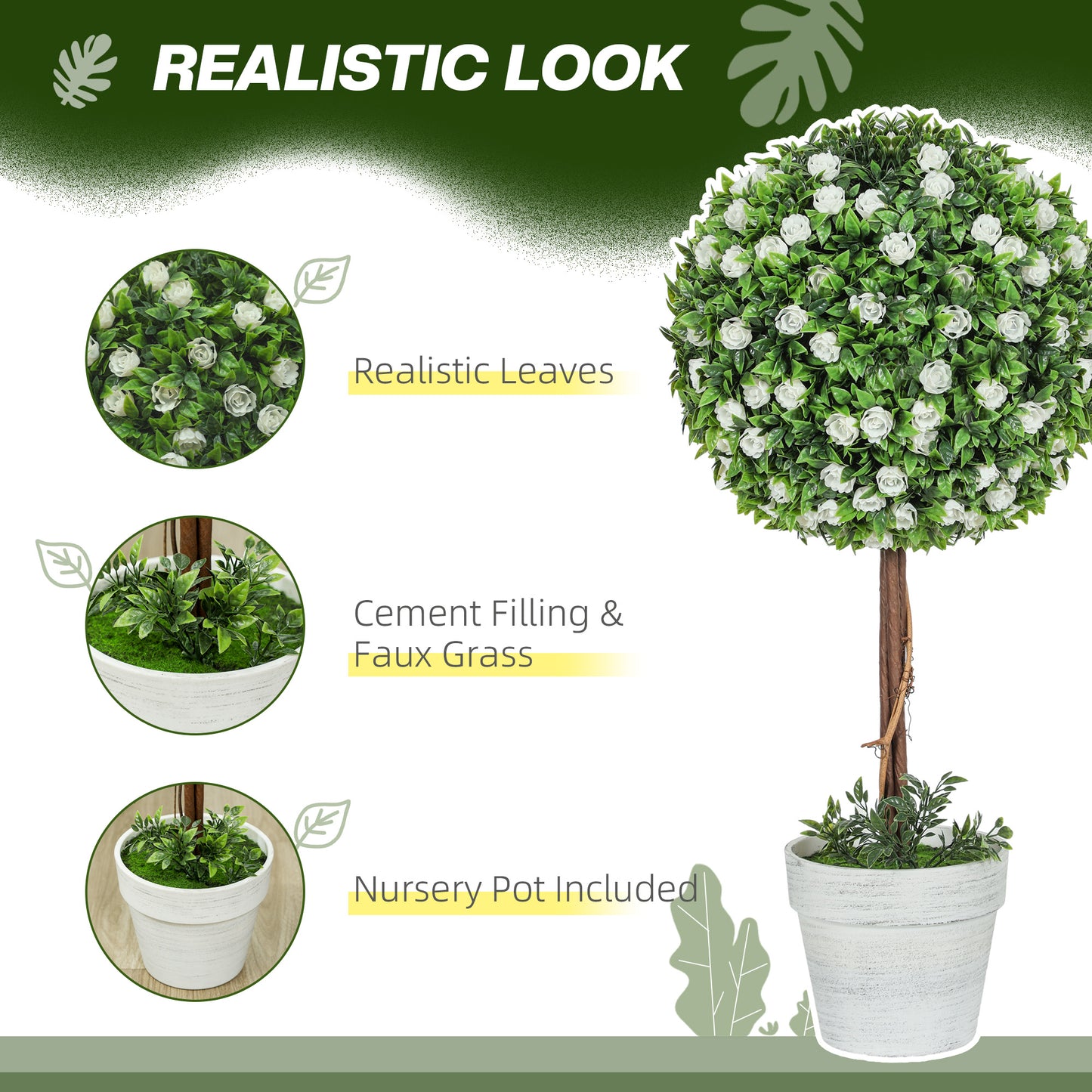 HOMCOM Set of 2 Decorative Artificial Plants, Ball Topiary Tree with Rose Flower in Pot, White