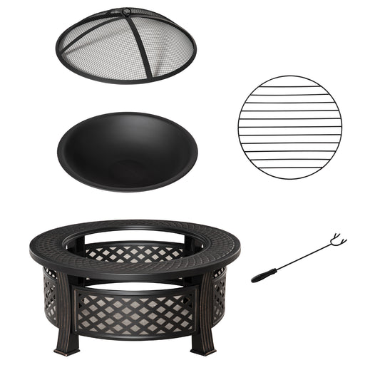 Outsunny Outdoor Fire Pit, Firepit with Grill Net, Mesh Lid, Poker, for Camping, Bonfire, Picnic, Bronze Tone