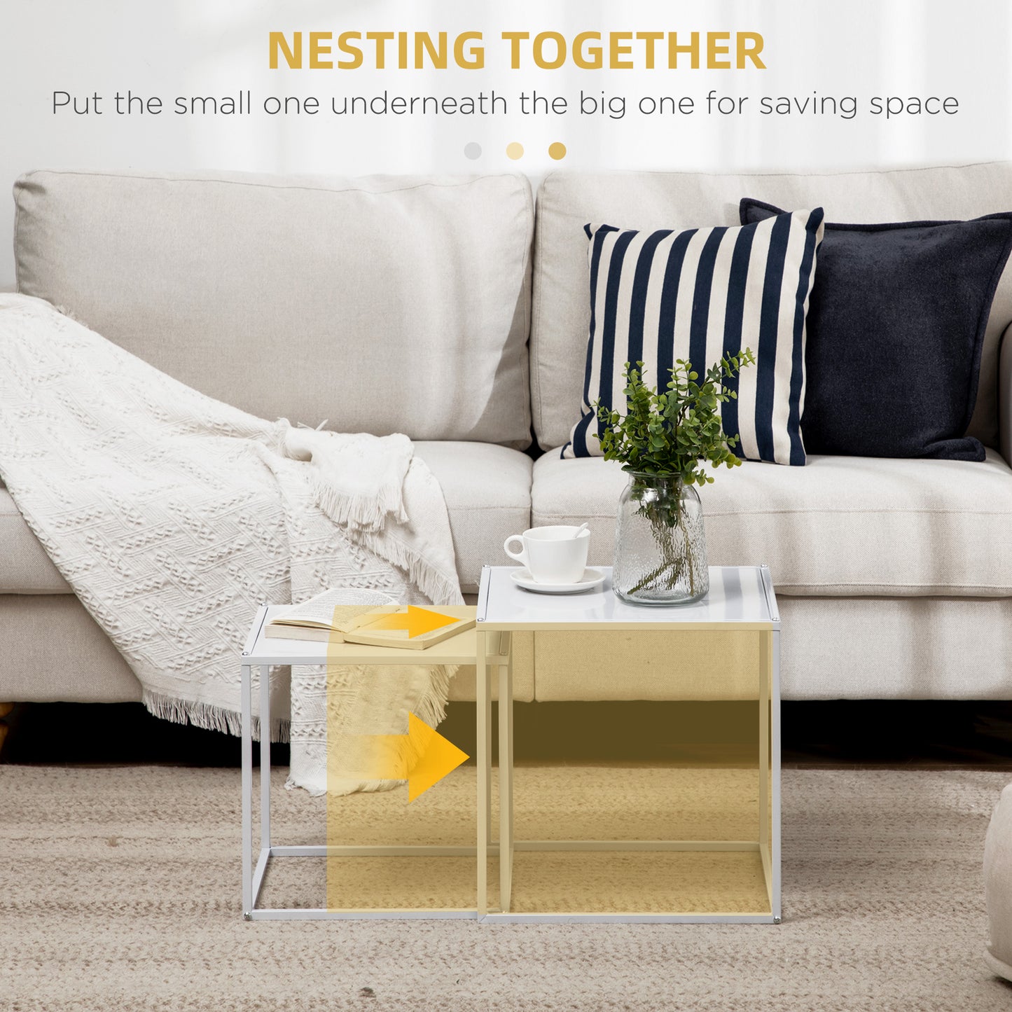 HOMCOM Square Nesting Coffee Table Set of 2, Modern Nest of Tables, Sofa Side Tables with Steel Frame for Living Room, Bedroom, Small Space, White