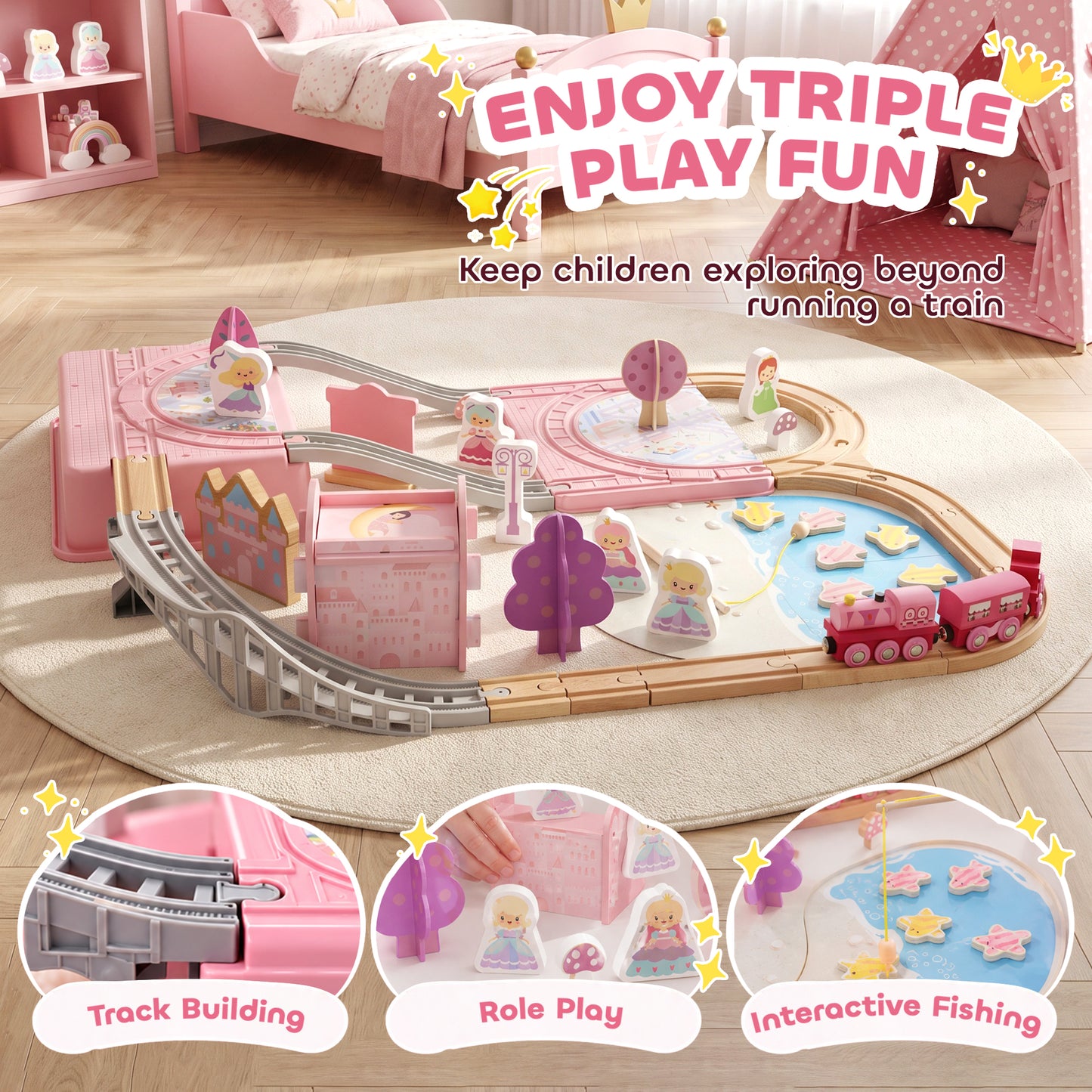 AIYAPLAY Wooden Train Set, 58PCS Train Track Set with 17 Track Pieces, 5 Princess Figures and Accessories