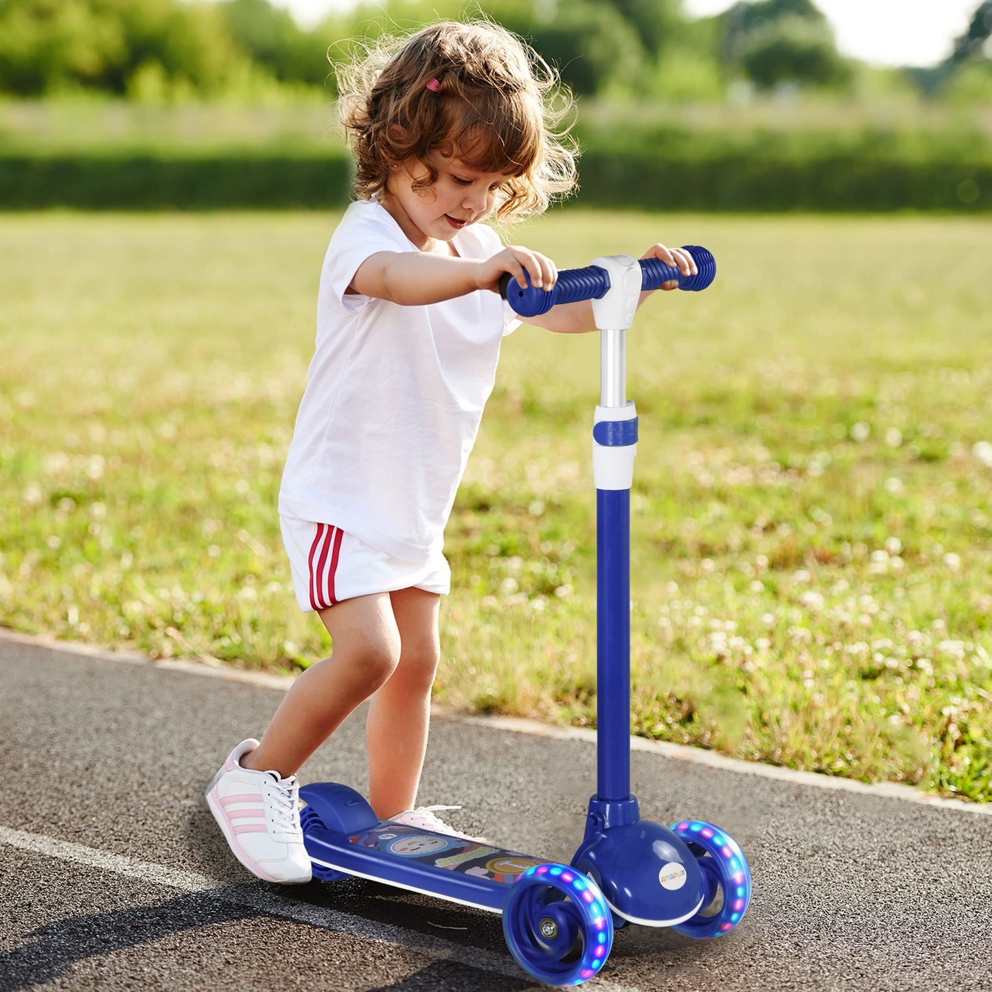 AIYAPLAY Kids 3 Wheel Scooter for 2-6 Years Old w/ Adjustable Height, LED Light, TPE Handlebar, Blue